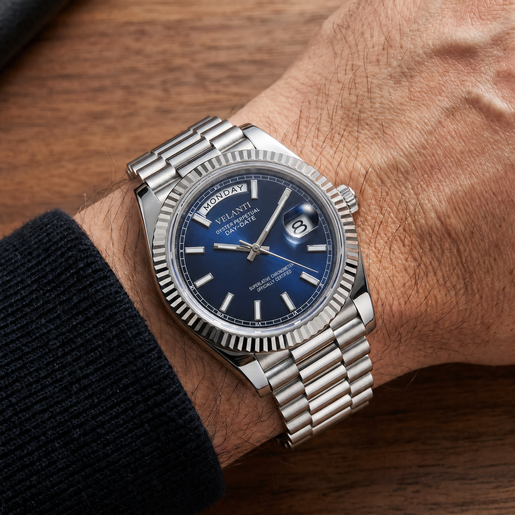 Datejust-style automatic watch, Velanti Milano Veljust Daydate Royal Blue worn on wrist photo 8