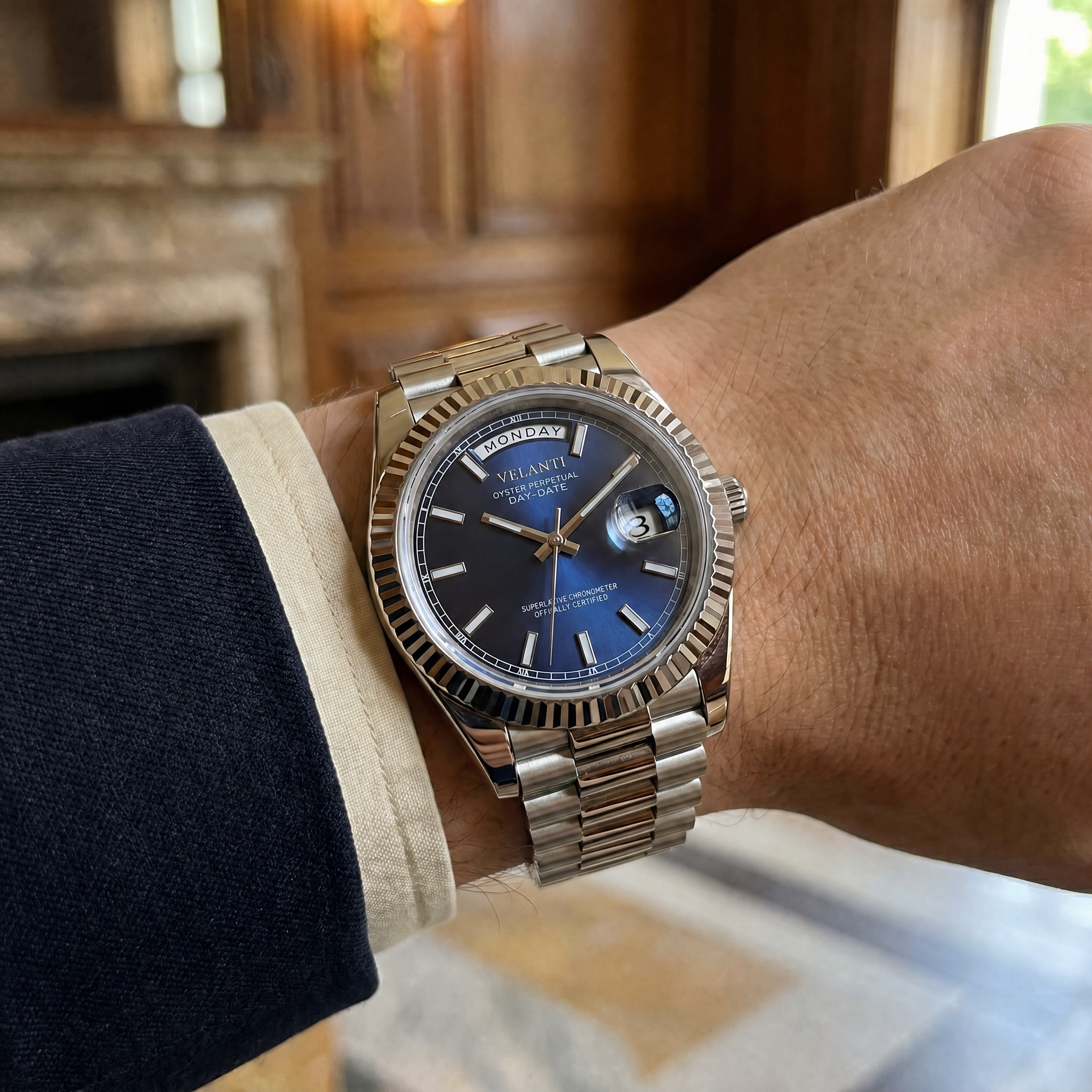 Datejust-style automatic watch, Velanti Milano Veljust Daydate Royal Blue, product photo 9
