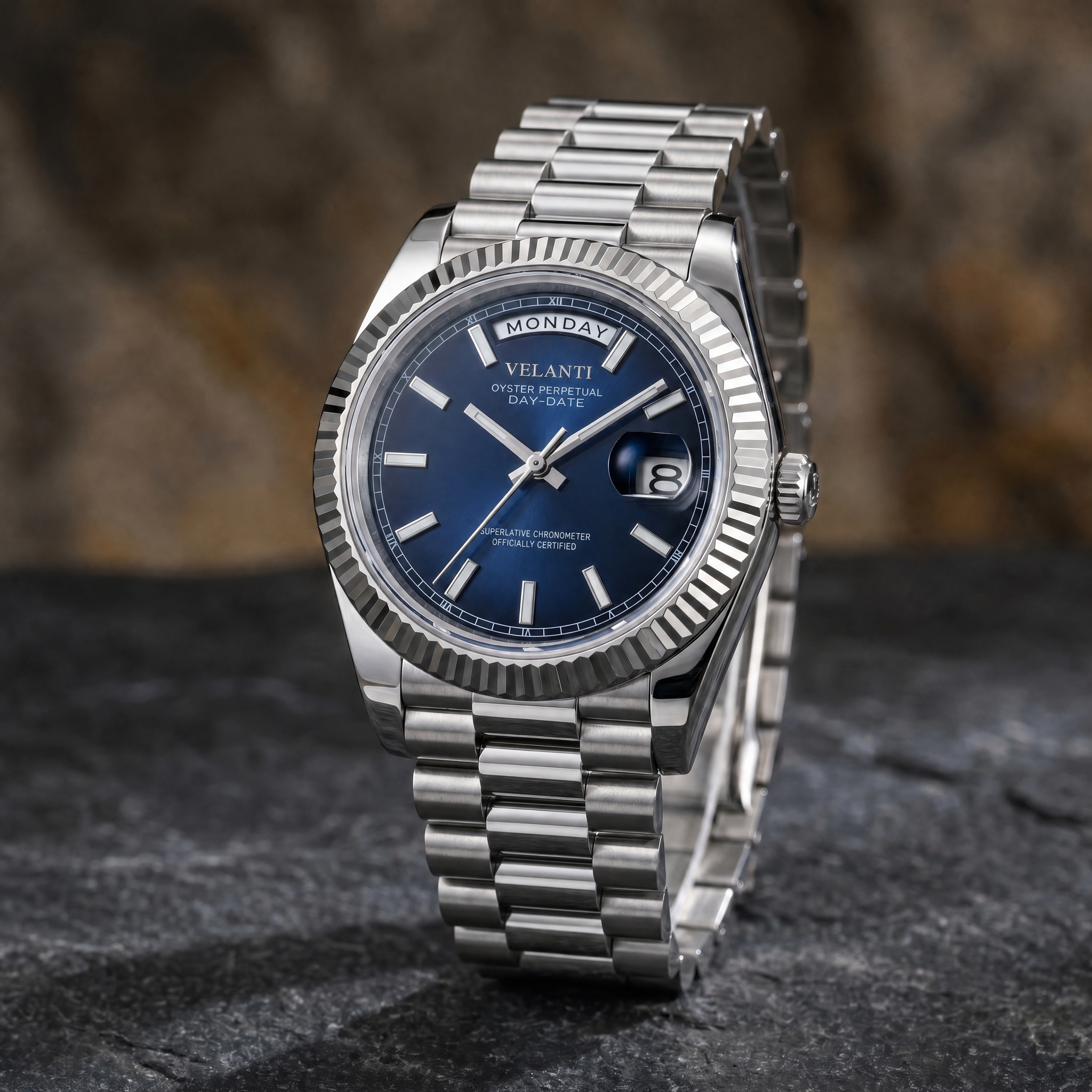 Datejust-style automatic watch, Velanti Milano Veljust Daydate Royal Blue, watch detail photo 11