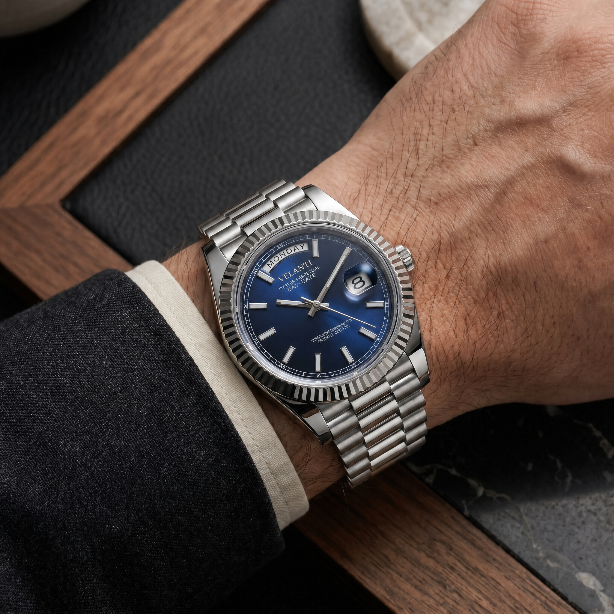 Datejust-style automatic watch, Velanti Milano Veljust Daydate Royal Blue worn on wrist photo 12