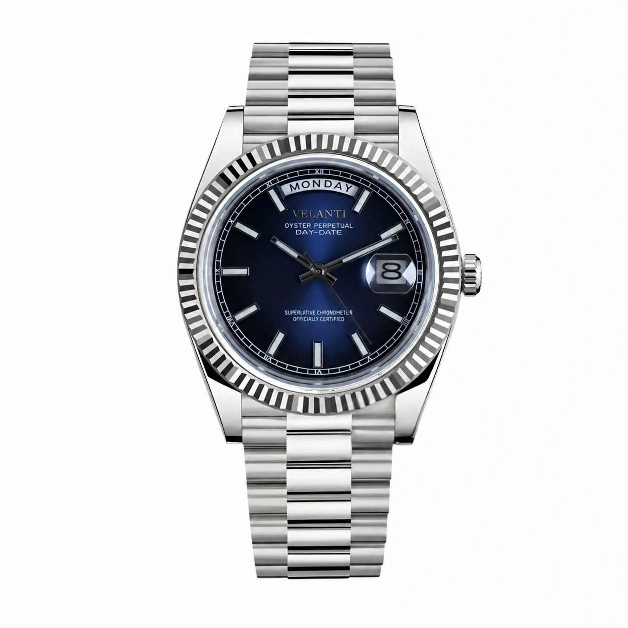 Datejust-style automatic watch, Velanti Milano Veljust Daydate Royal Blue, main product photo