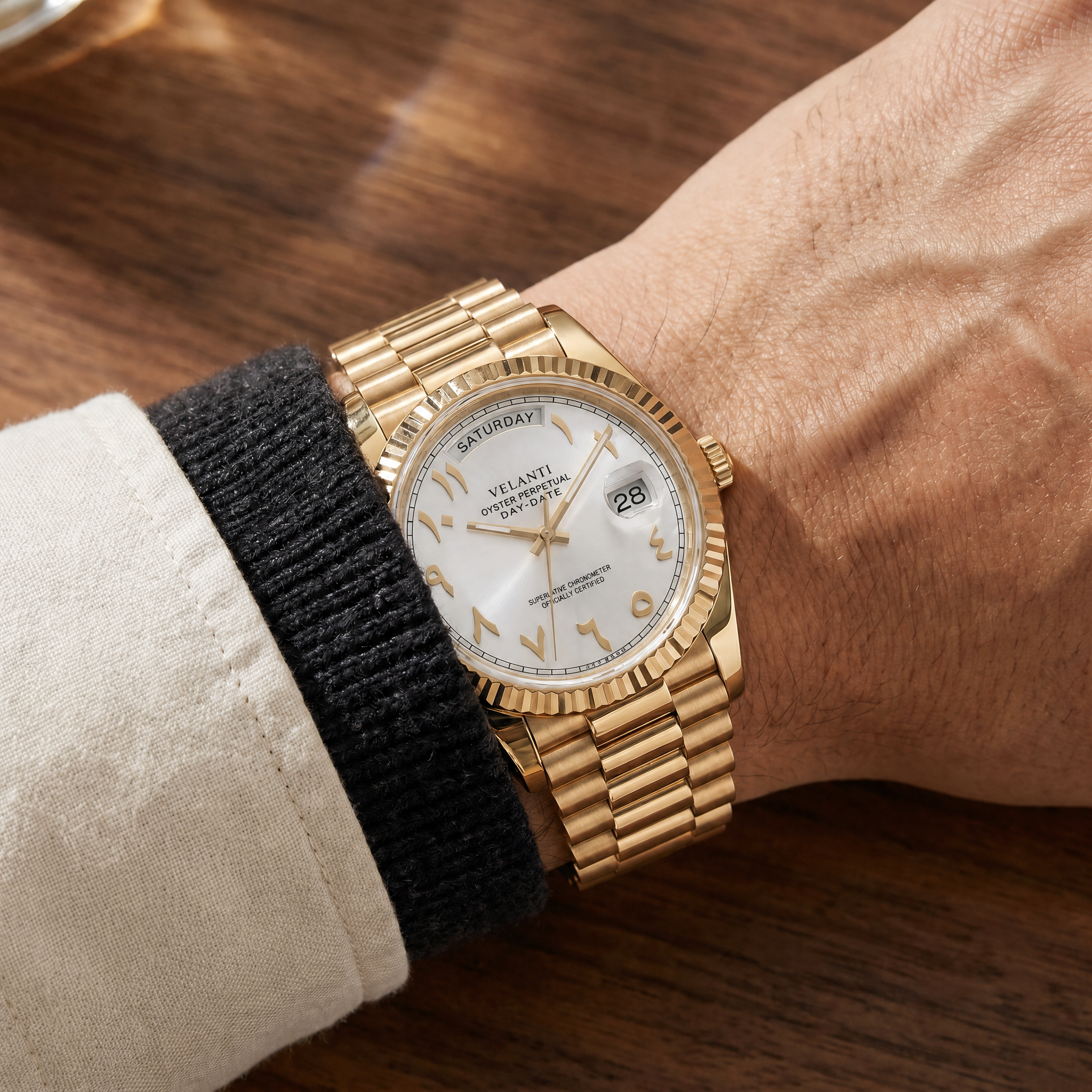 Datejust-style automatic watch, Velanti Milano Veljust Daydate Yellow Gold White Arabic, product photo 2