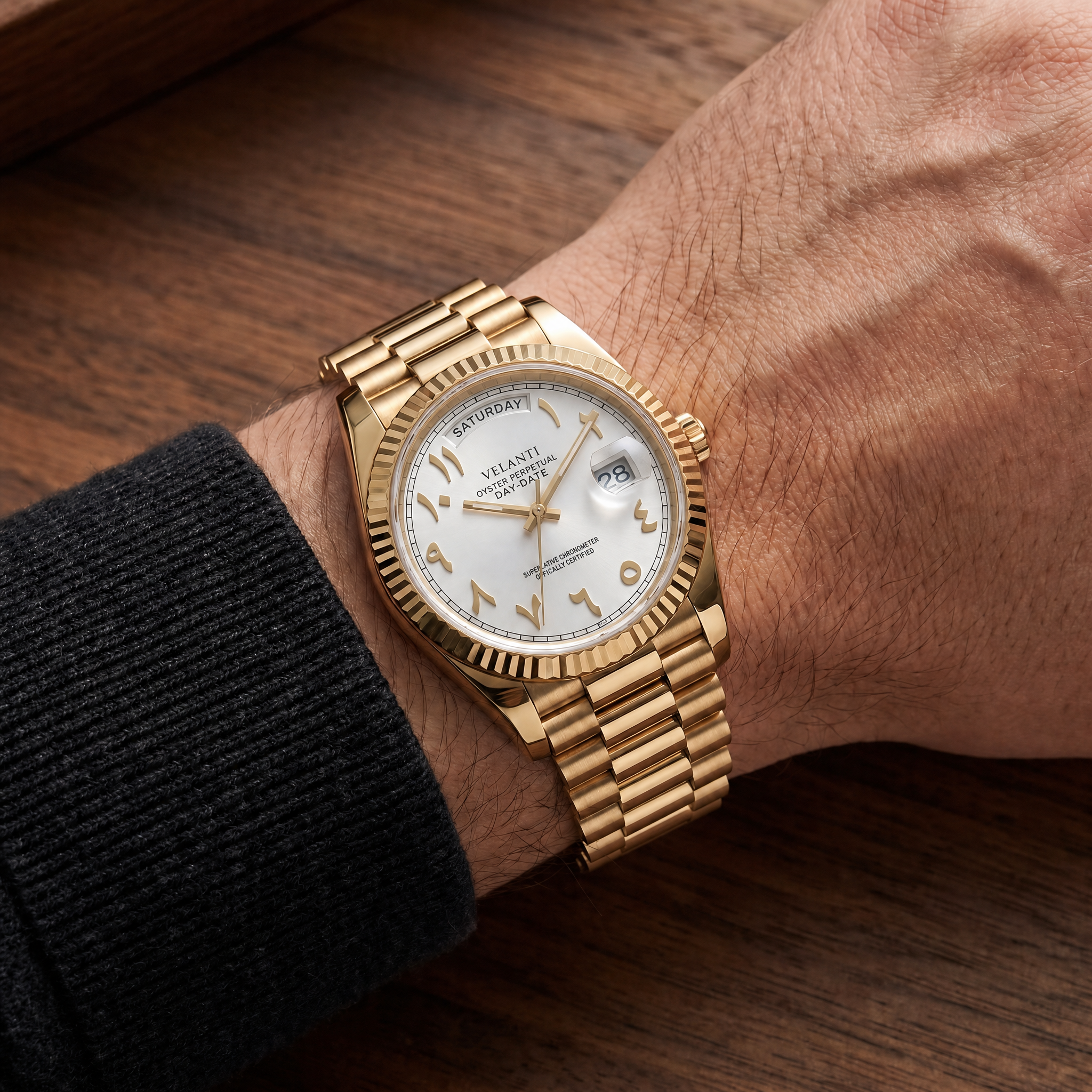 Datejust-style automatic watch, Velanti Milano Veljust Daydate Yellow Gold White Arabic worn on wrist photo 3