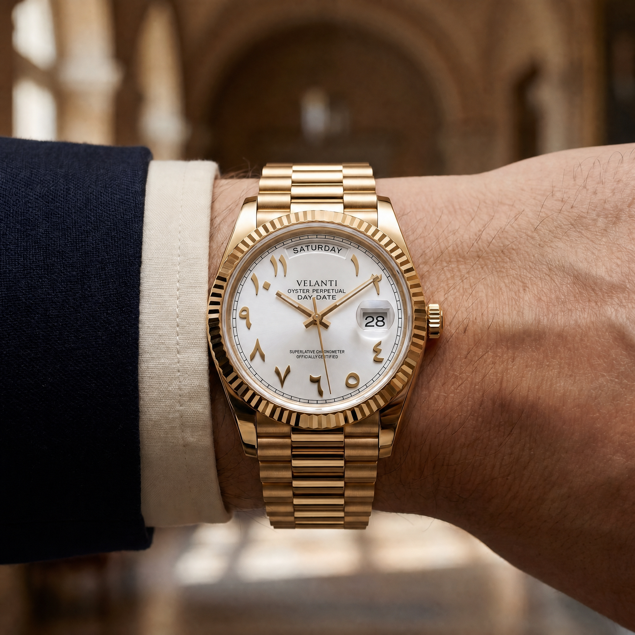 Datejust-style automatic watch, Velanti Milano Veljust Daydate Yellow Gold White Arabic, product photo 6