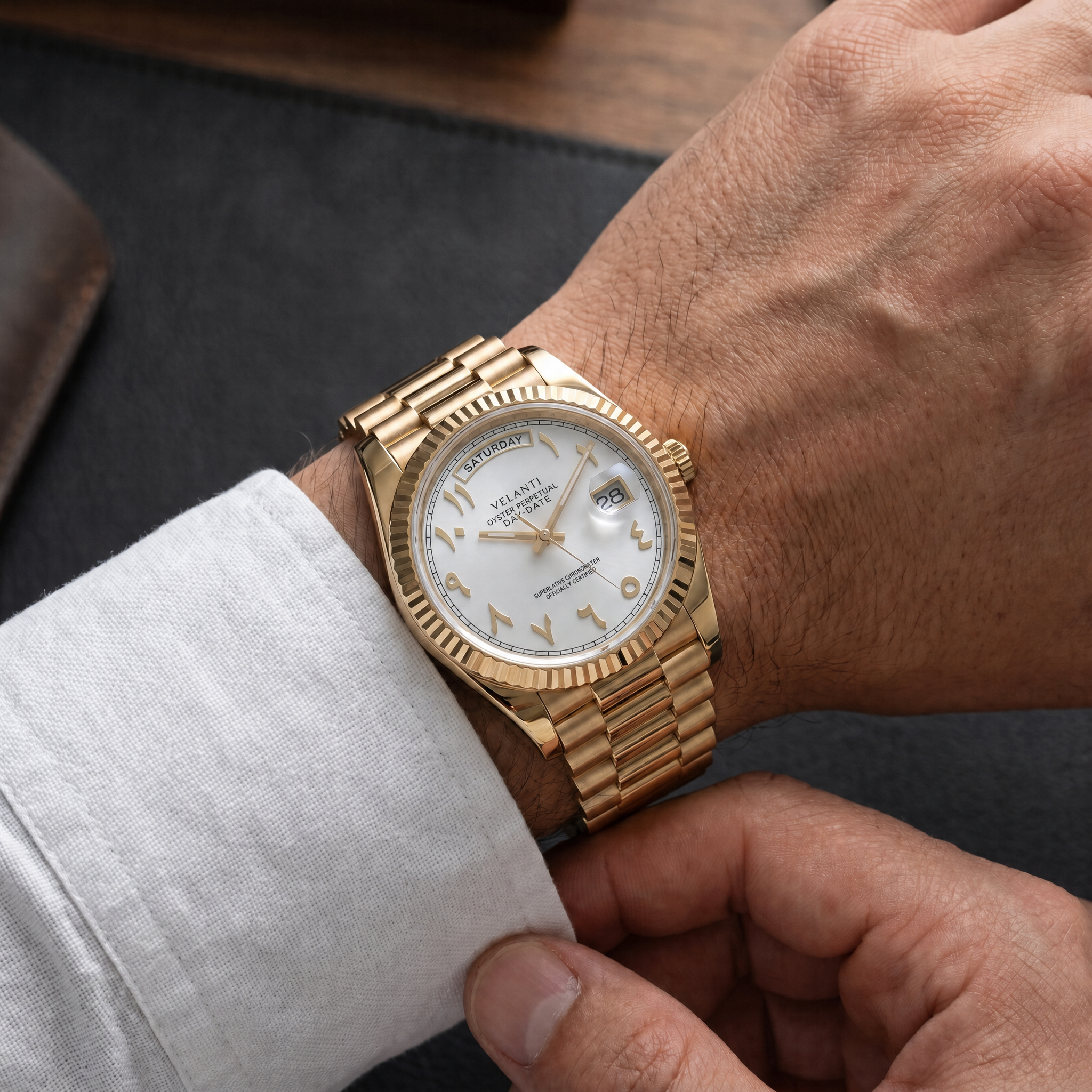 Datejust-style automatic watch, Velanti Milano Veljust Daydate Yellow Gold White Arabic worn on wrist photo 7