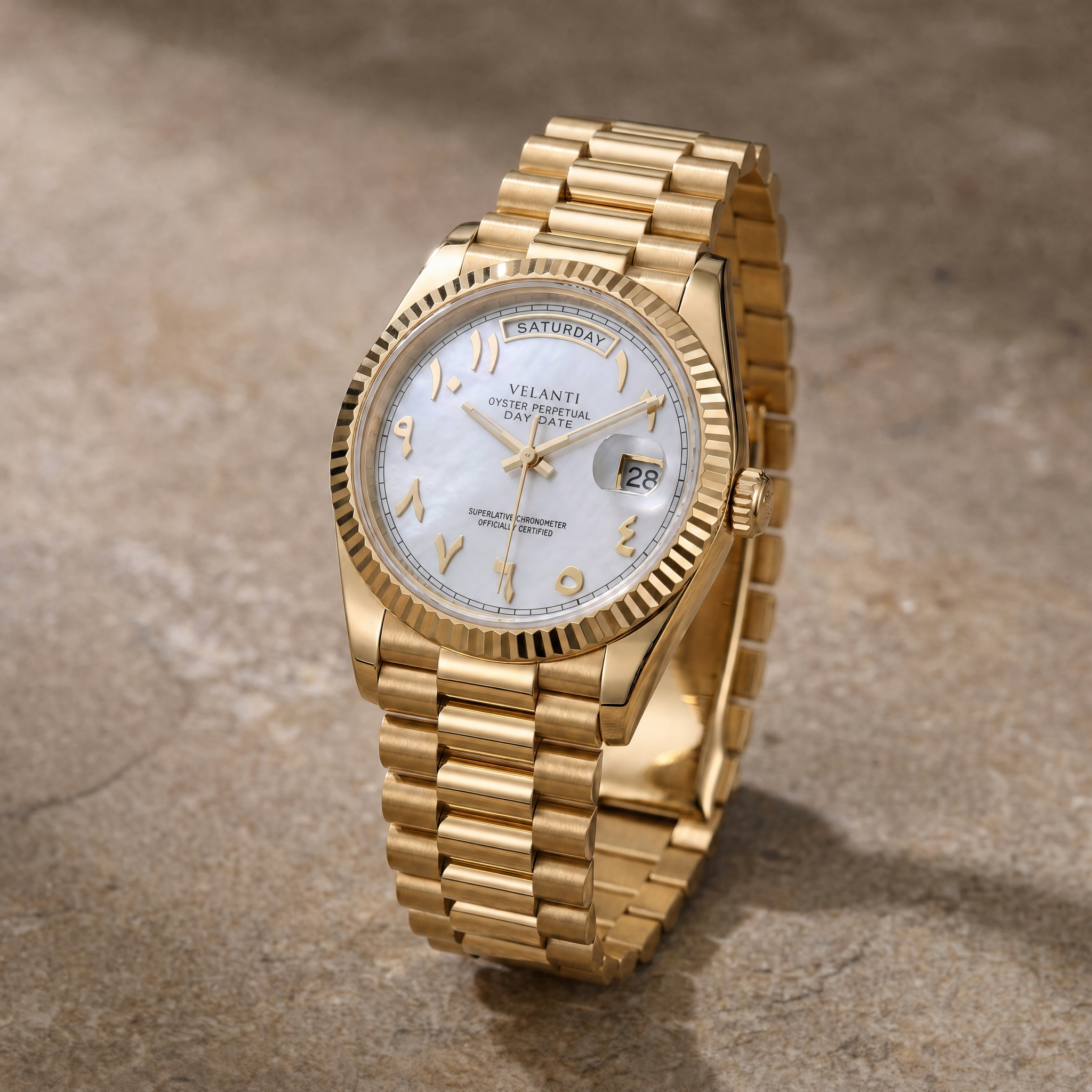 Datejust-style automatic watch, Velanti Milano Veljust Daydate Yellow Gold White Arabic, watch detail photo