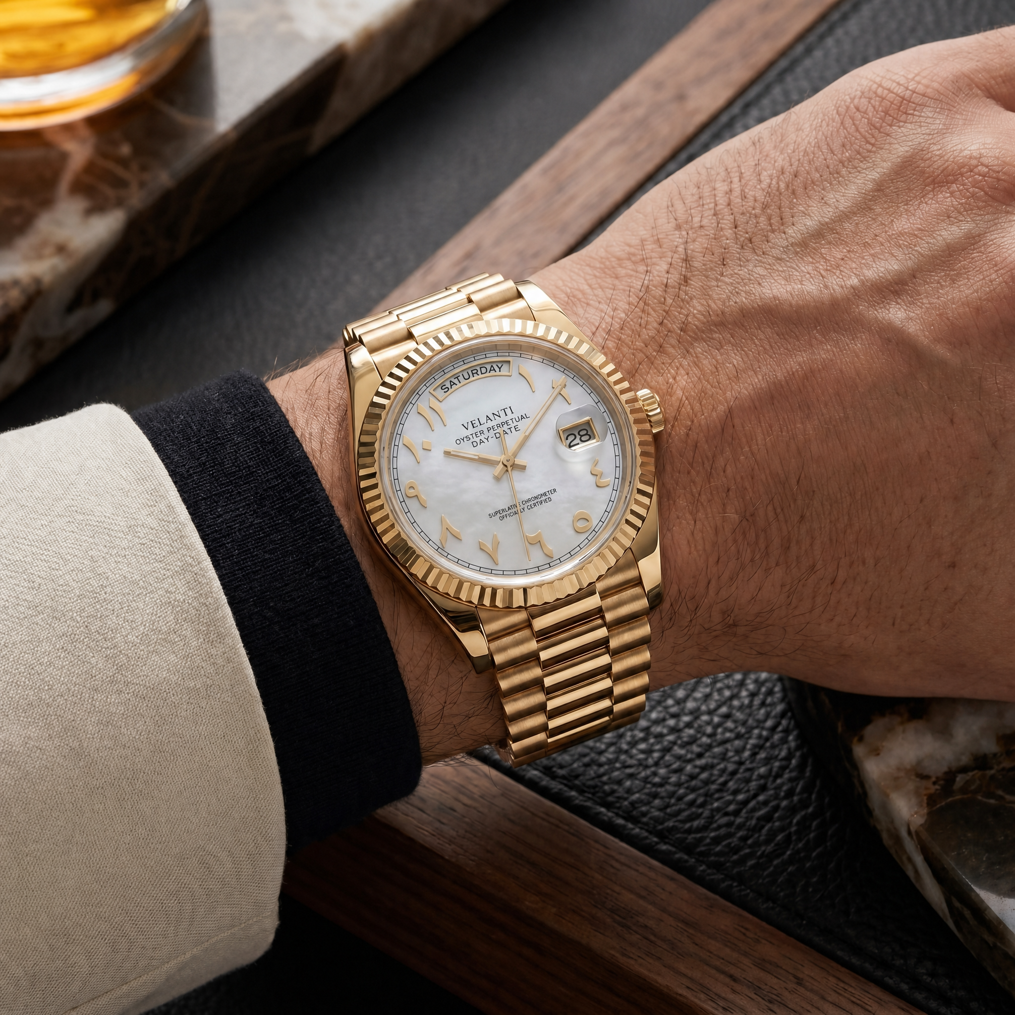 Datejust-style automatic watch, Velanti Milano Veljust Daydate Yellow Gold White Arabic worn on wrist photo 9