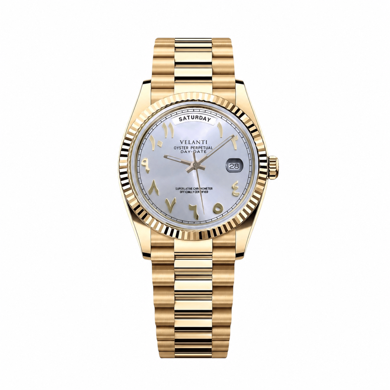 Datejust-style automatic watch, Velanti Milano Veljust Daydate Yellow Gold White Arabic, main product photo