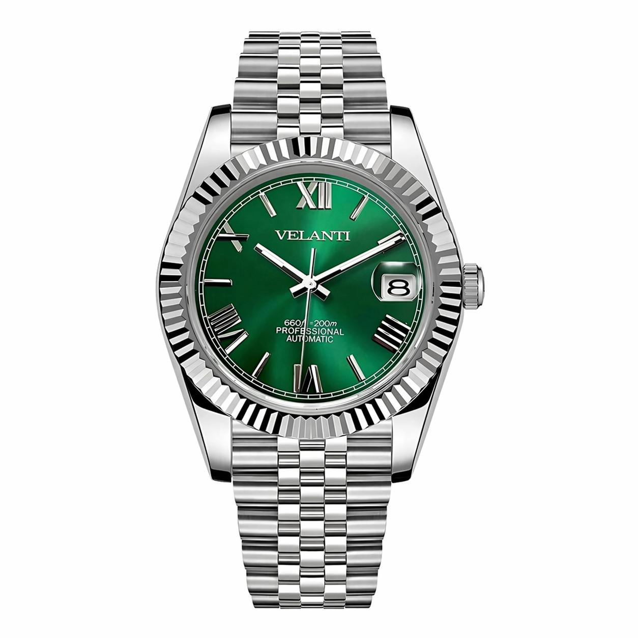 Datejust-style automatic watch, Velanti Milano Veljust Green Roman, main product photo