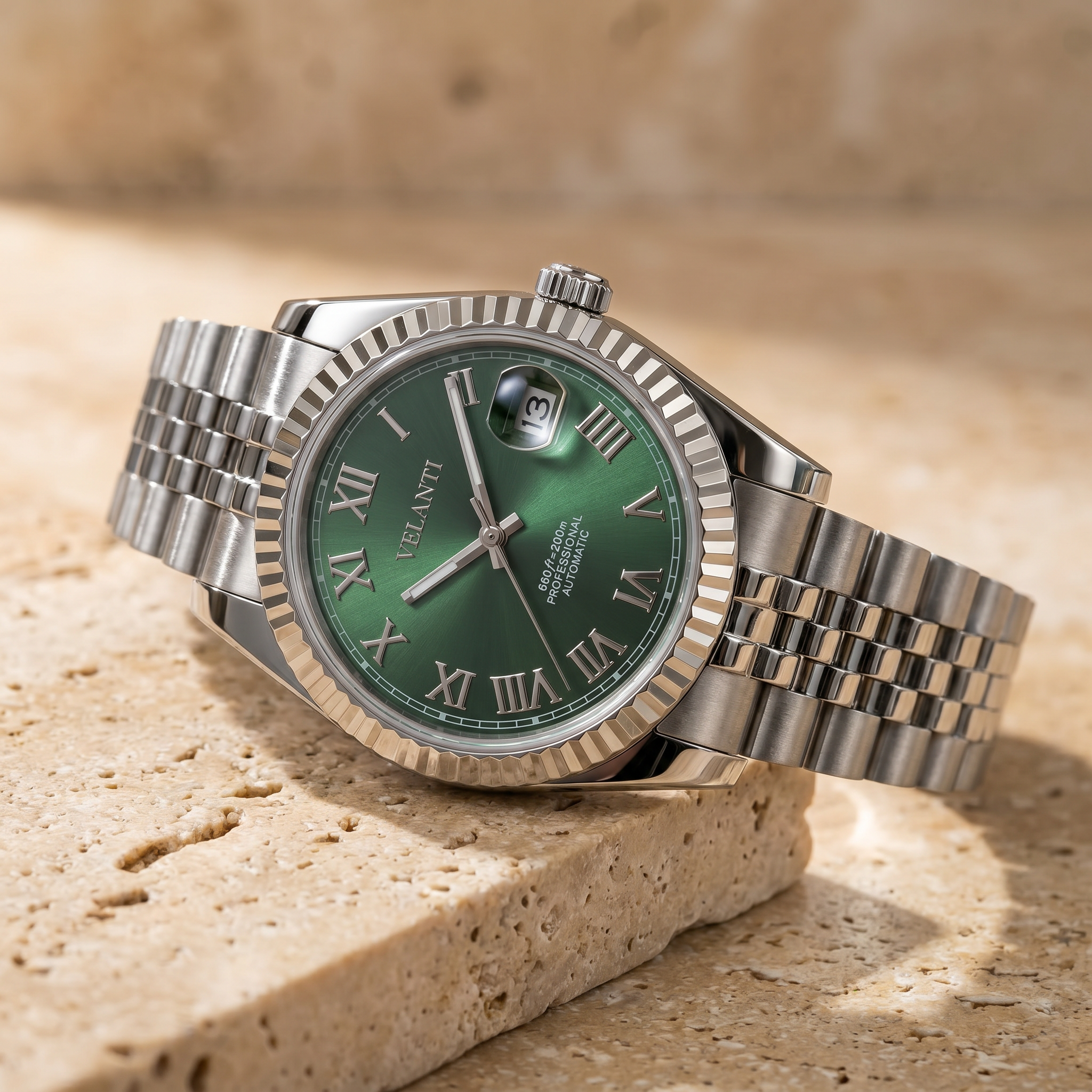 Datejust-style automatic watch, Velanti Milano Veljust Green Roman, product photo 3