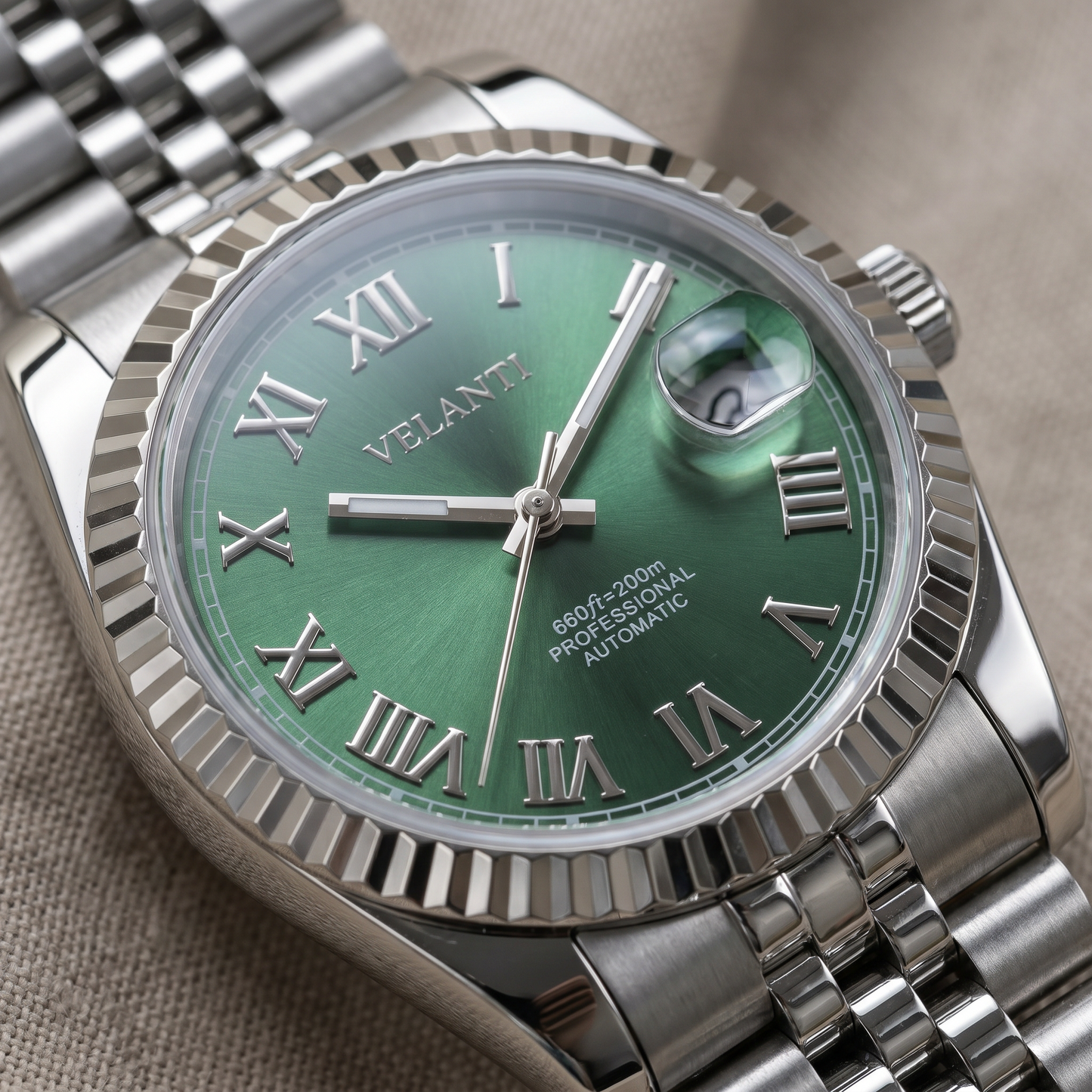 Datejust-style automatic watch, Velanti Milano Veljust Green Roman, product photo 2