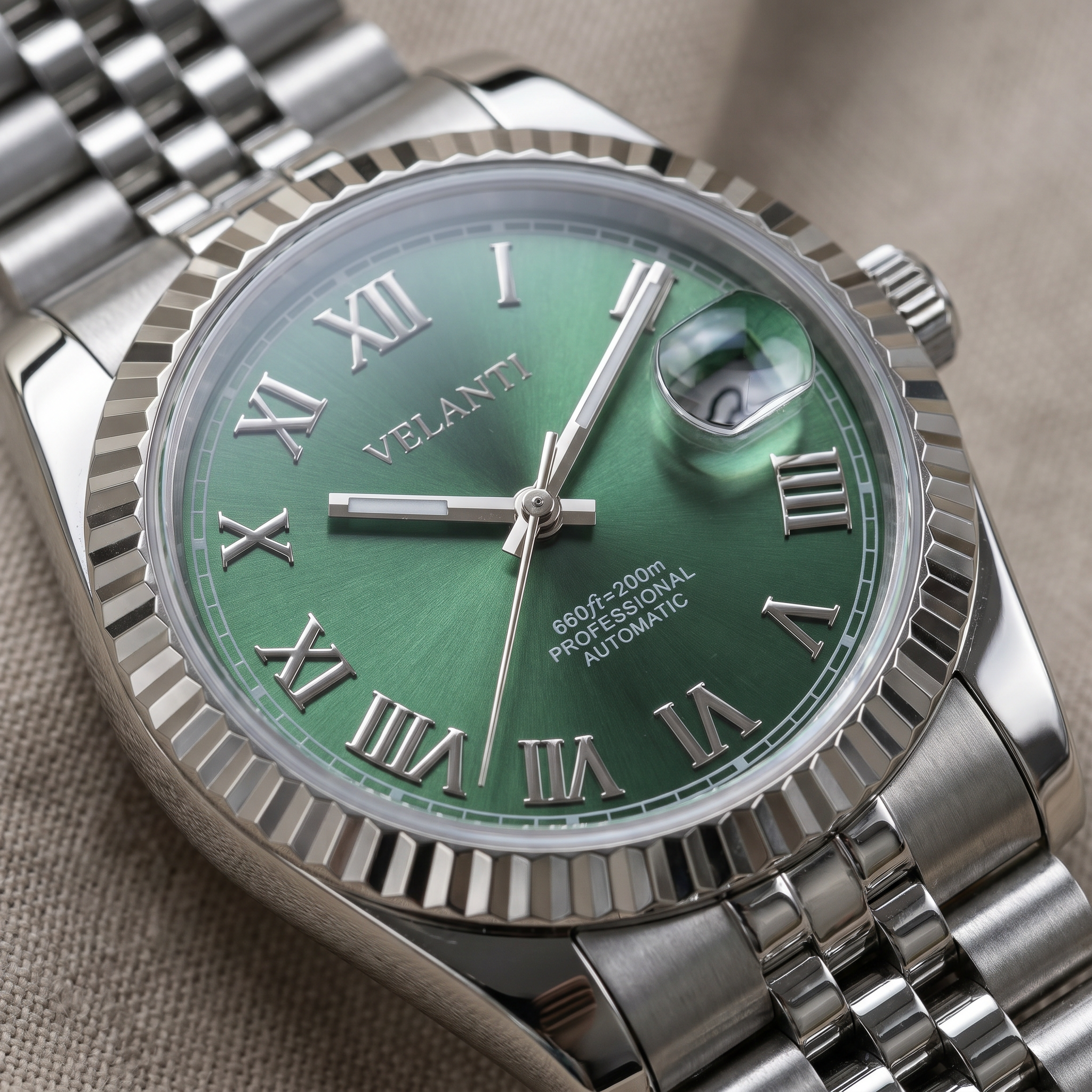 Datejust-style automatic watch, Velanti Milano Veljust Green Roman, product photo 2