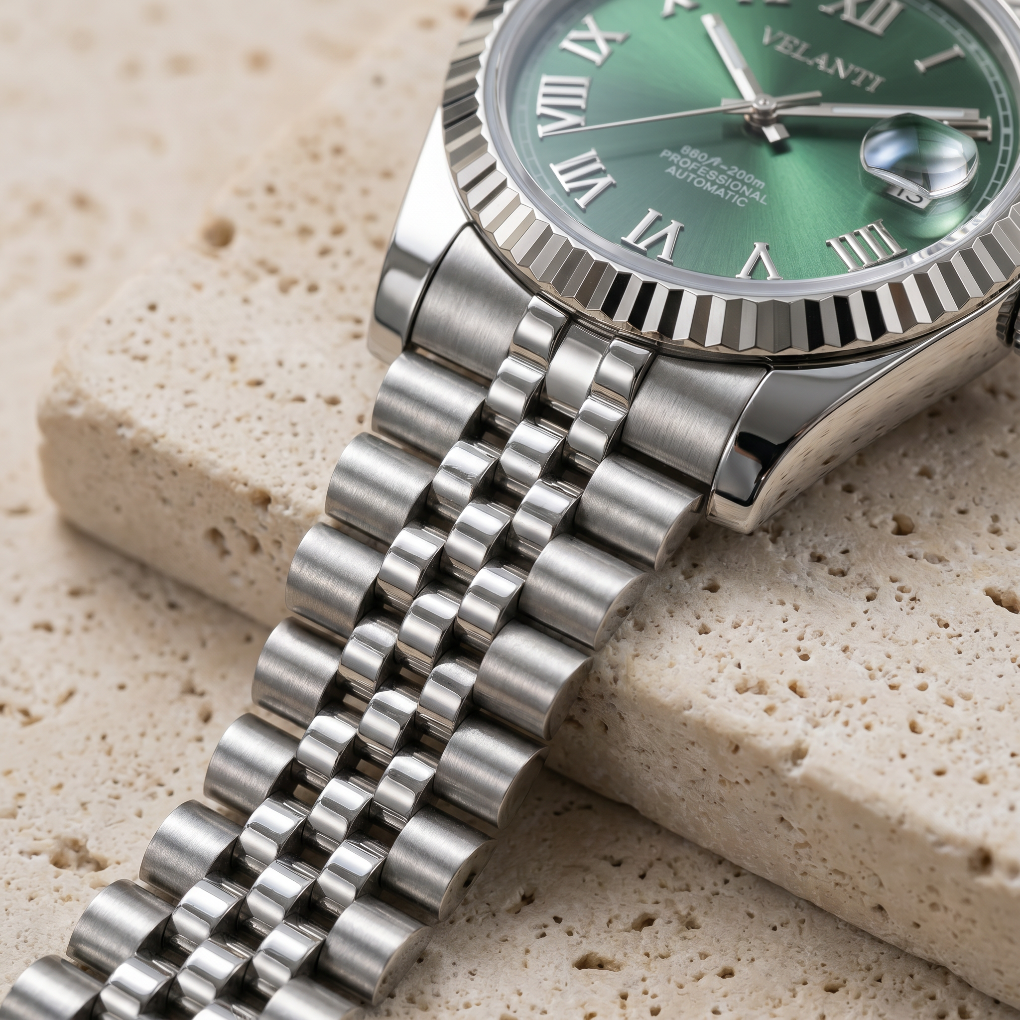 Datejust-style automatic watch, Velanti Milano Veljust Green Roman, product photo 4