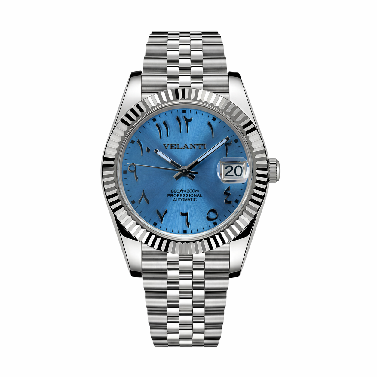 Datejust-style automatic watch, Velanti Milano Veljust Ice Blue Arabic, main product photo
