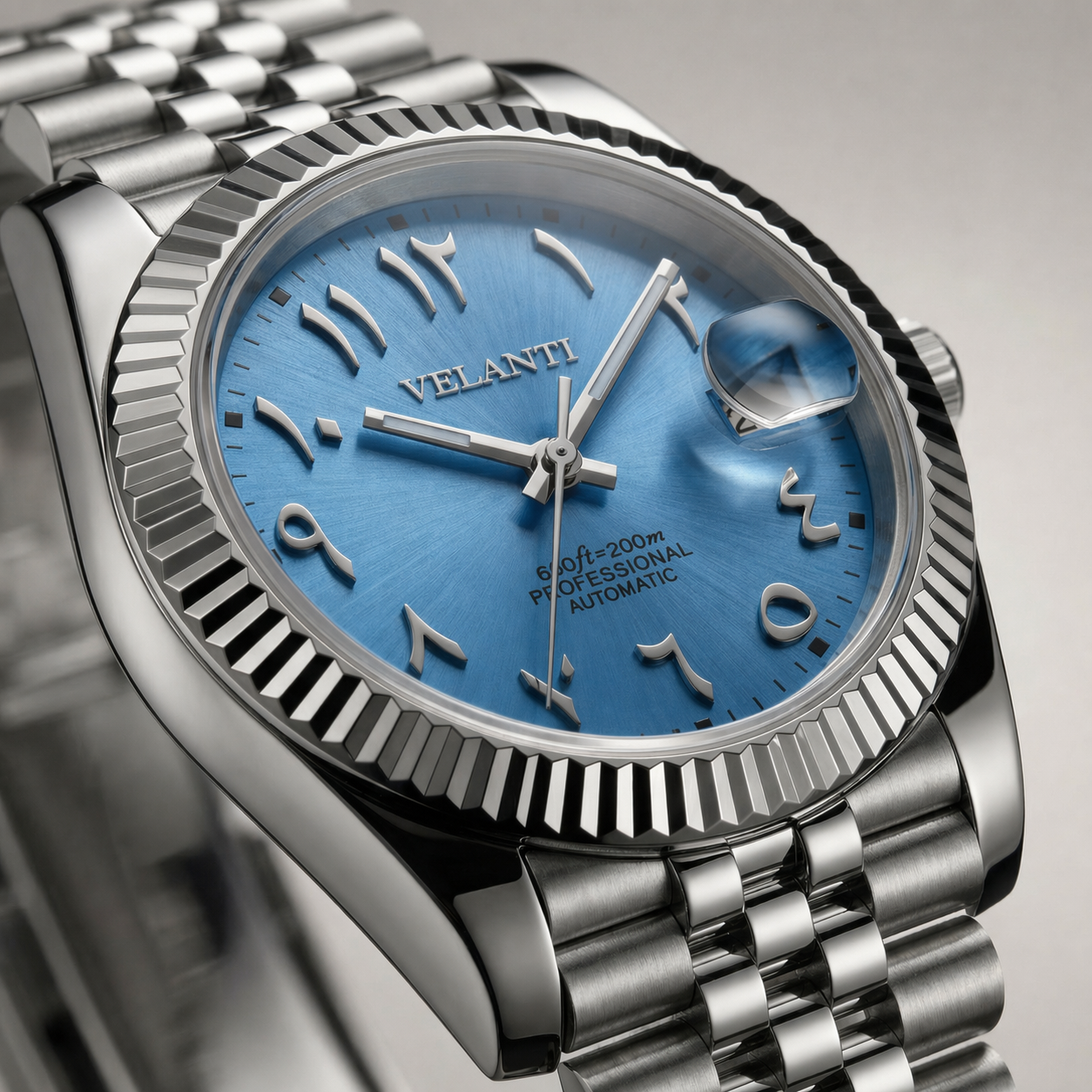 Datejust-style automatic watch, Velanti Milano Veljust Ice Blue Arabic, product photo 2