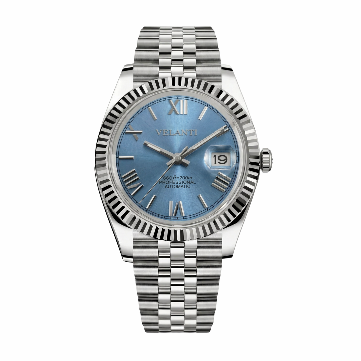 Datejust-style automatic watch, Velanti Milano Veljust Ice Blue Roman, main product photo
