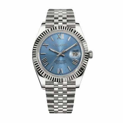 Datejust-style automatic watch, Velanti Milano Veljust Ice Blue Roman, main product photo