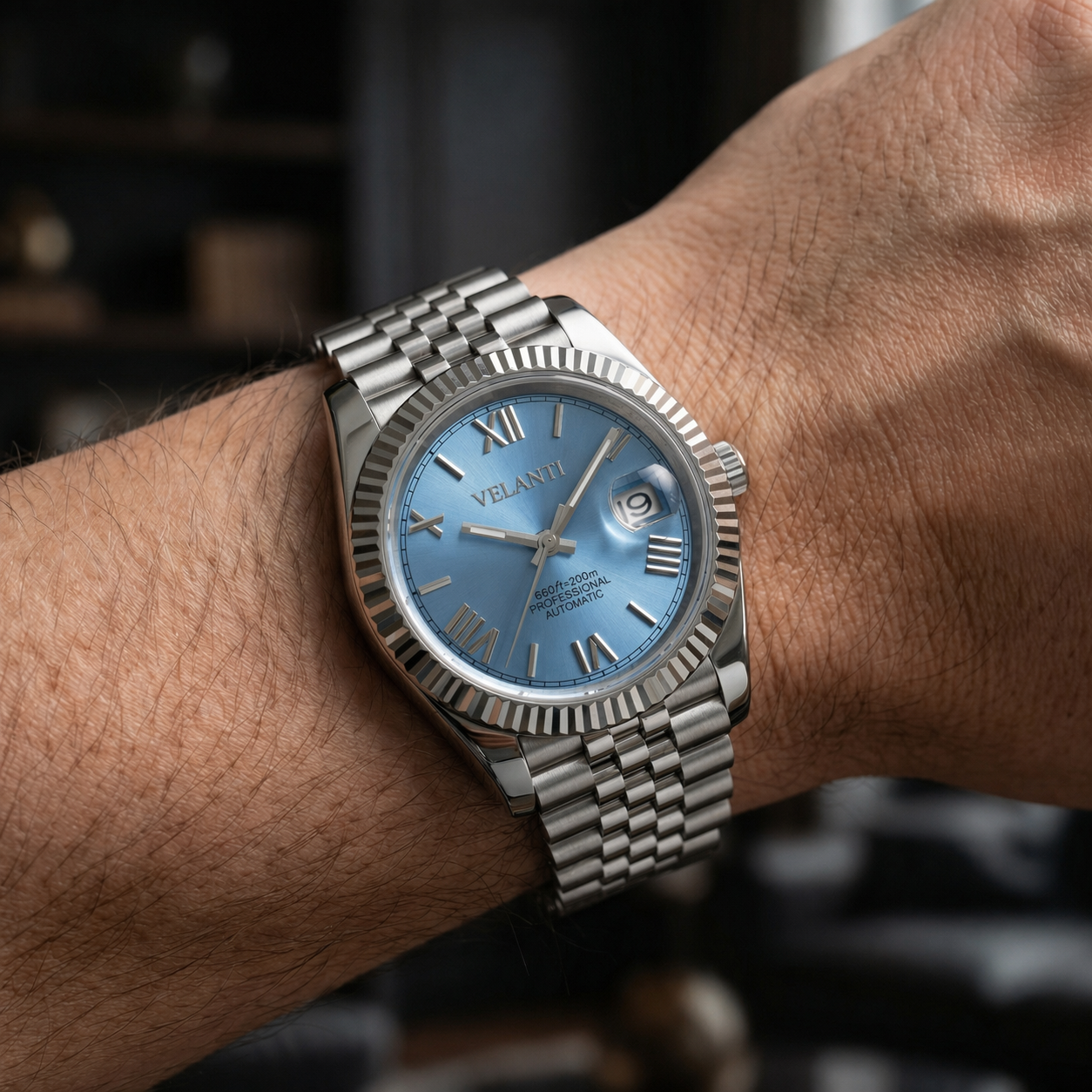 Datejust-style automatic watch, Velanti Milano Veljust Ice Blue Roman, product photo 4