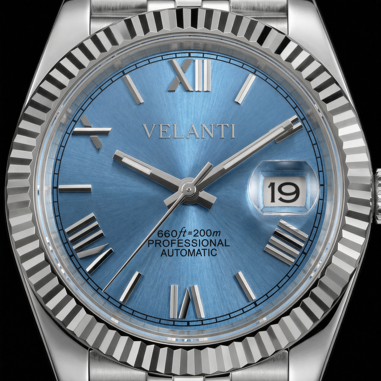 Datejust-style automatic watch, Velanti Milano Veljust Ice Blue Roman, product photo 5