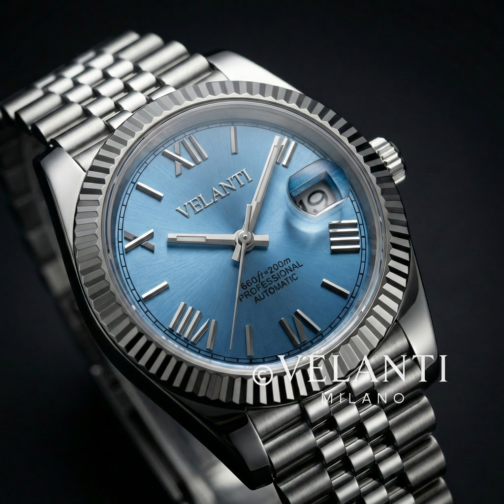 Datejust-style automatic watch, Velanti Milano Veljust Ice Blue Roman, product photo 6
