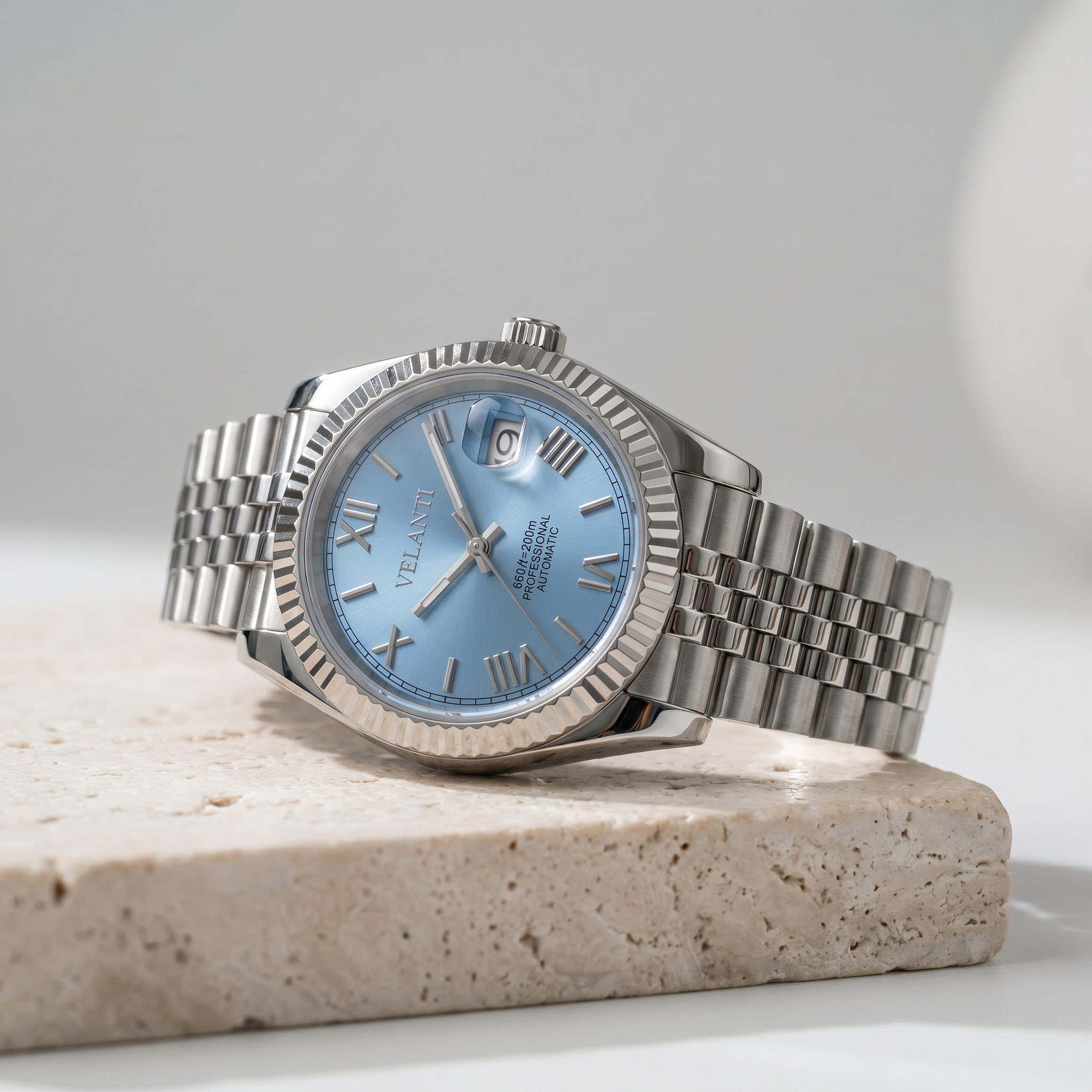 Datejust-style automatic watch, Velanti Milano Veljust Ice Blue Roman, product photo 2
