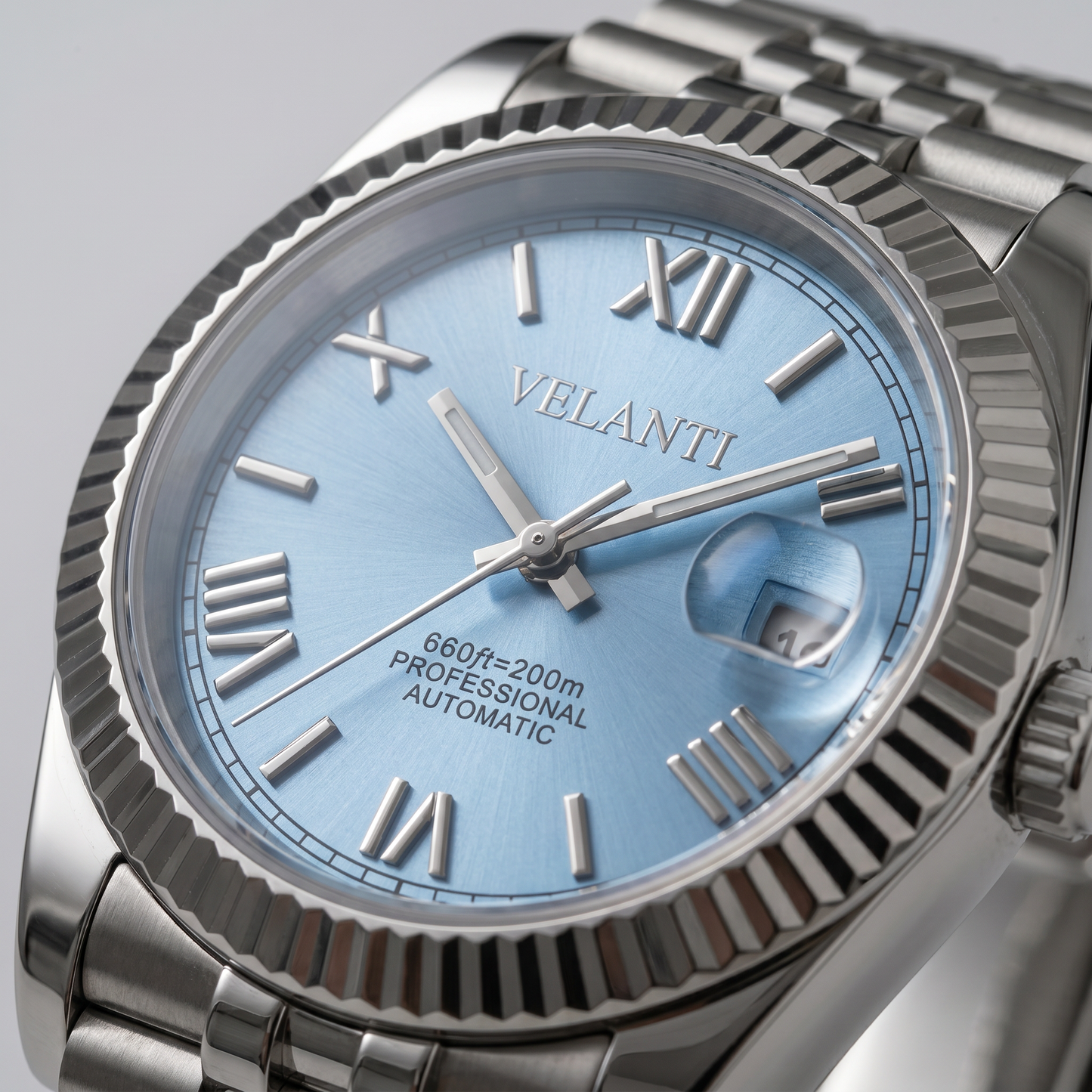 Datejust-style automatic watch, Velanti Milano Veljust Ice Blue Roman, product photo 3