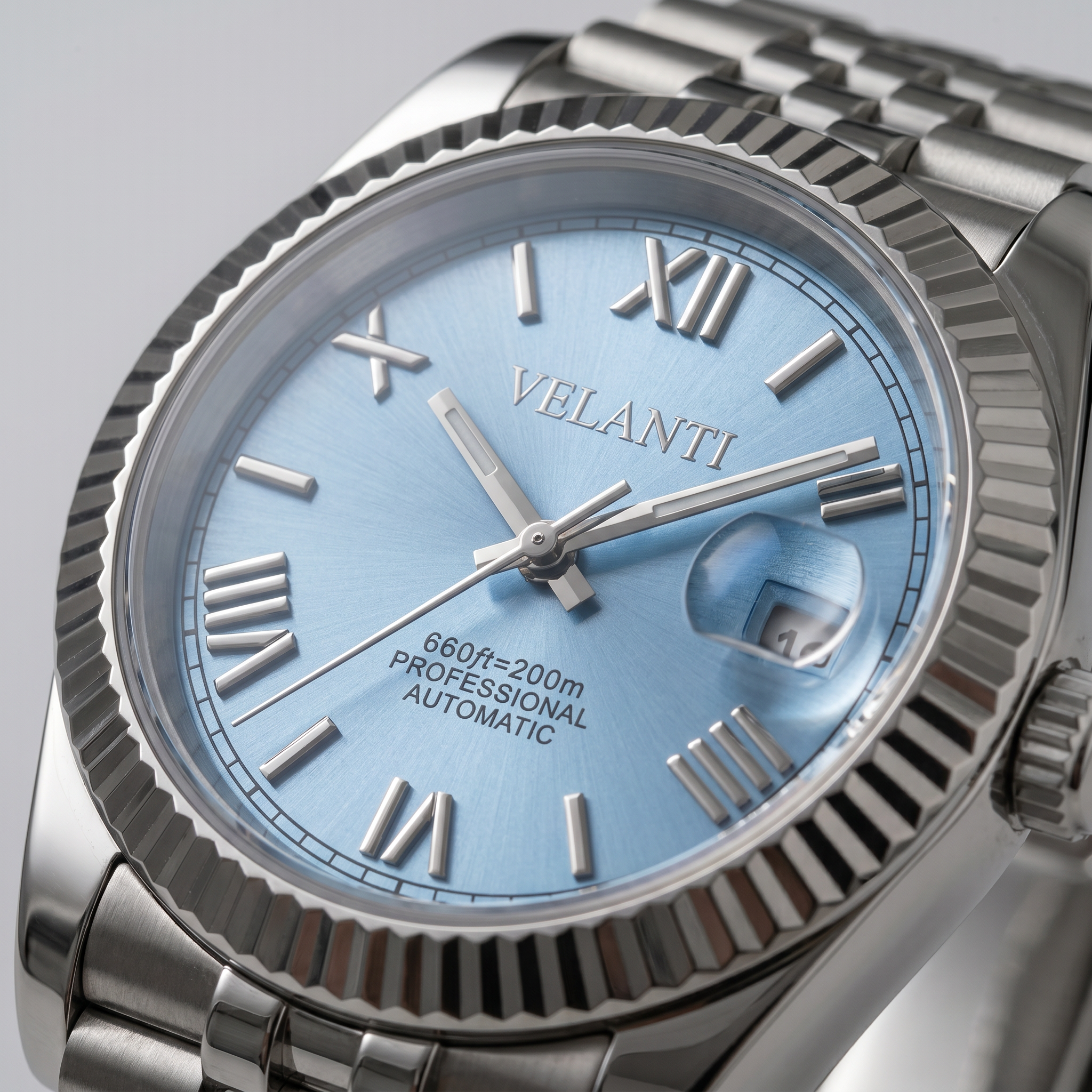 Datejust-style automatic watch, Velanti Milano Veljust Ice Blue Roman, product photo 3