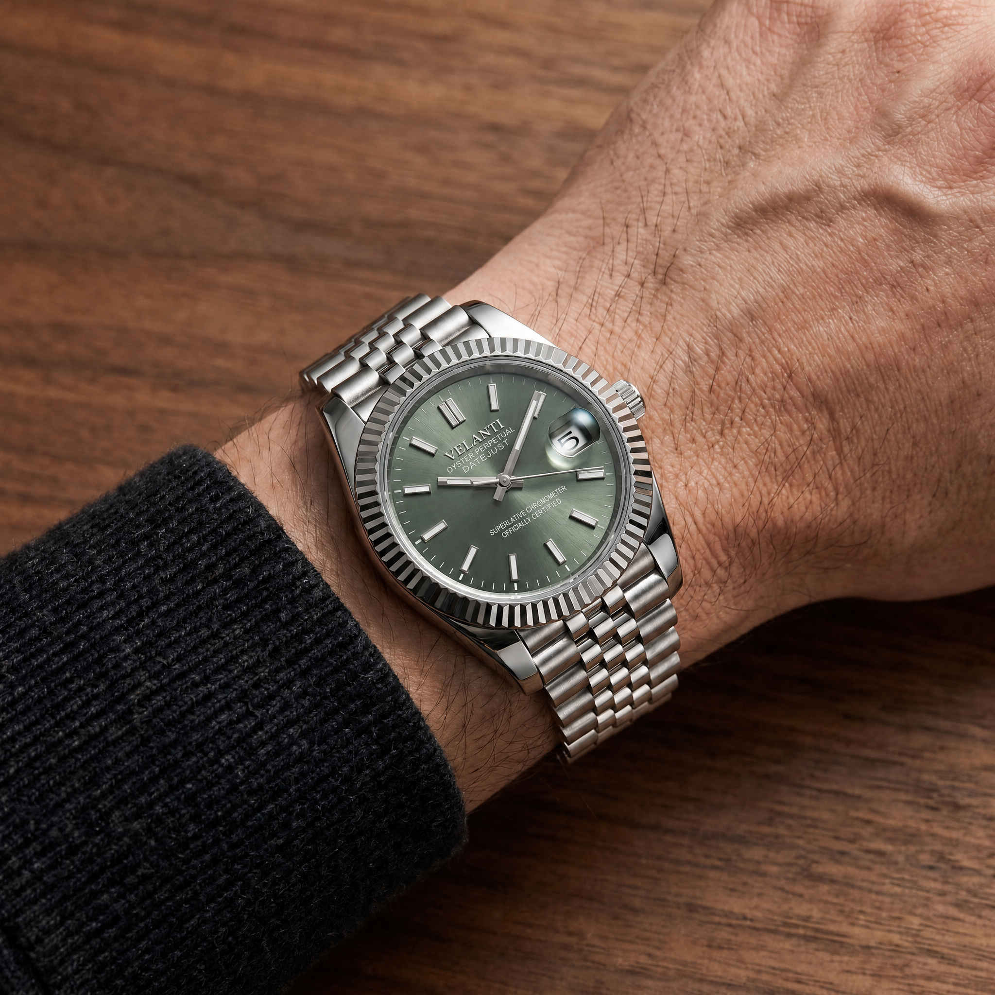 Datejust-style automatic watch, Velanti Milano Veljust Mint Green worn on wrist photo 8