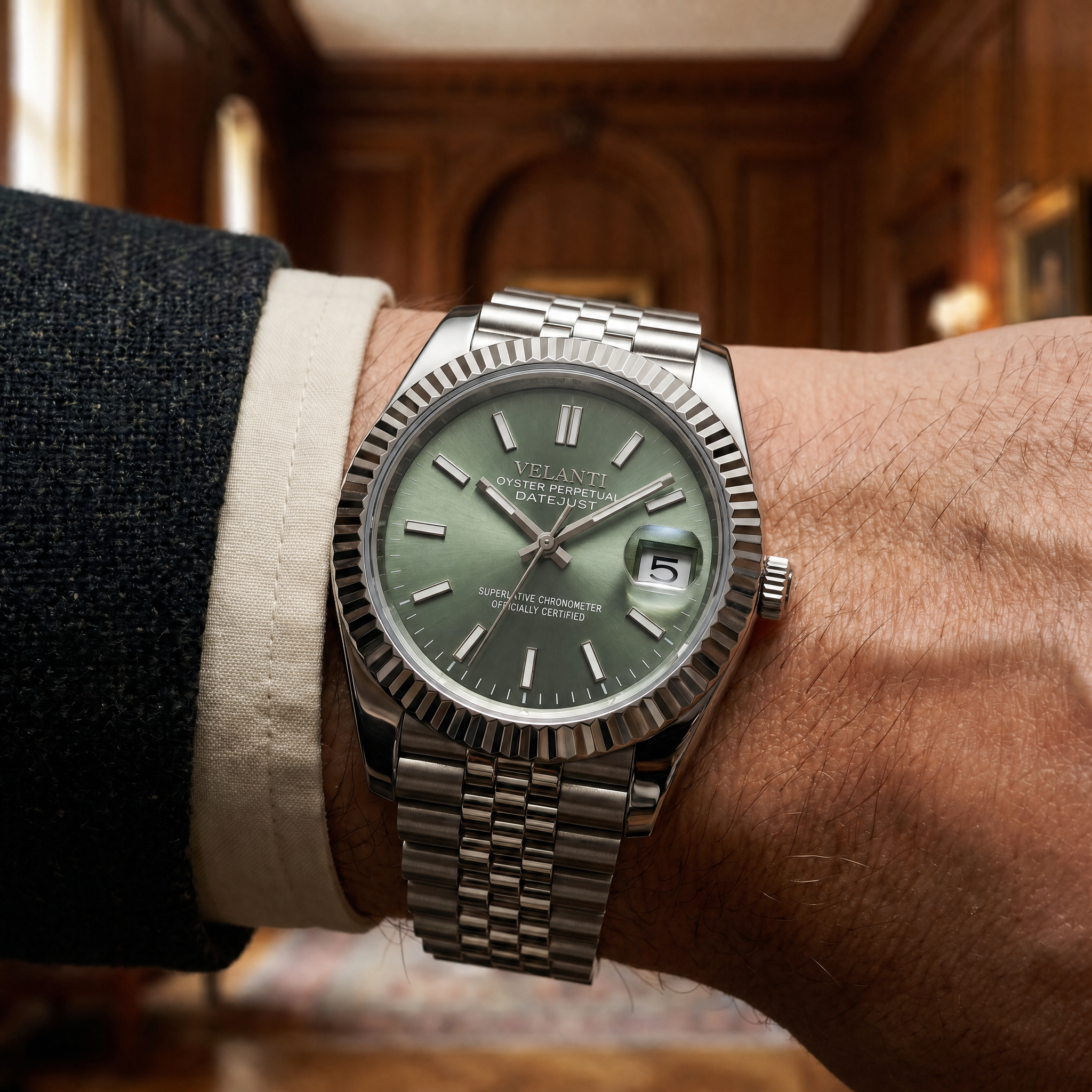 Datejust-style automatic watch, Velanti Milano Veljust Mint Green, product photo 10