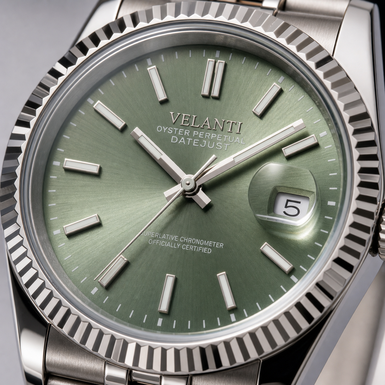 Datejust-style automatic watch, Velanti Milano Veljust Mint Green, dial close-up