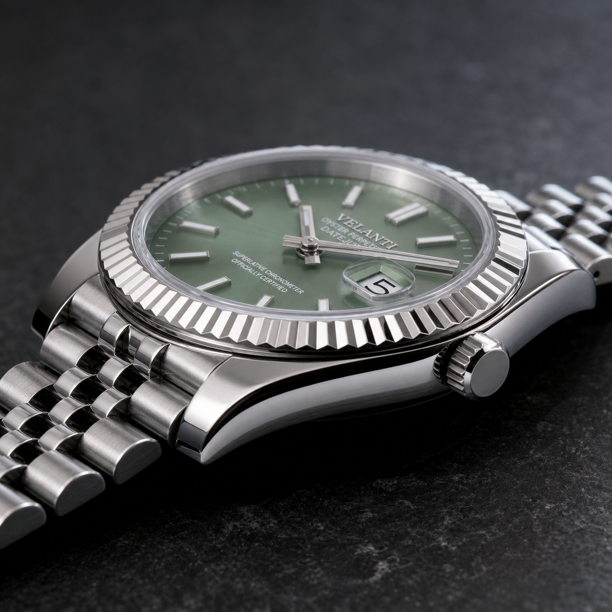 Datejust-style automatic watch, Velanti Milano Veljust Mint Green, side profile photo