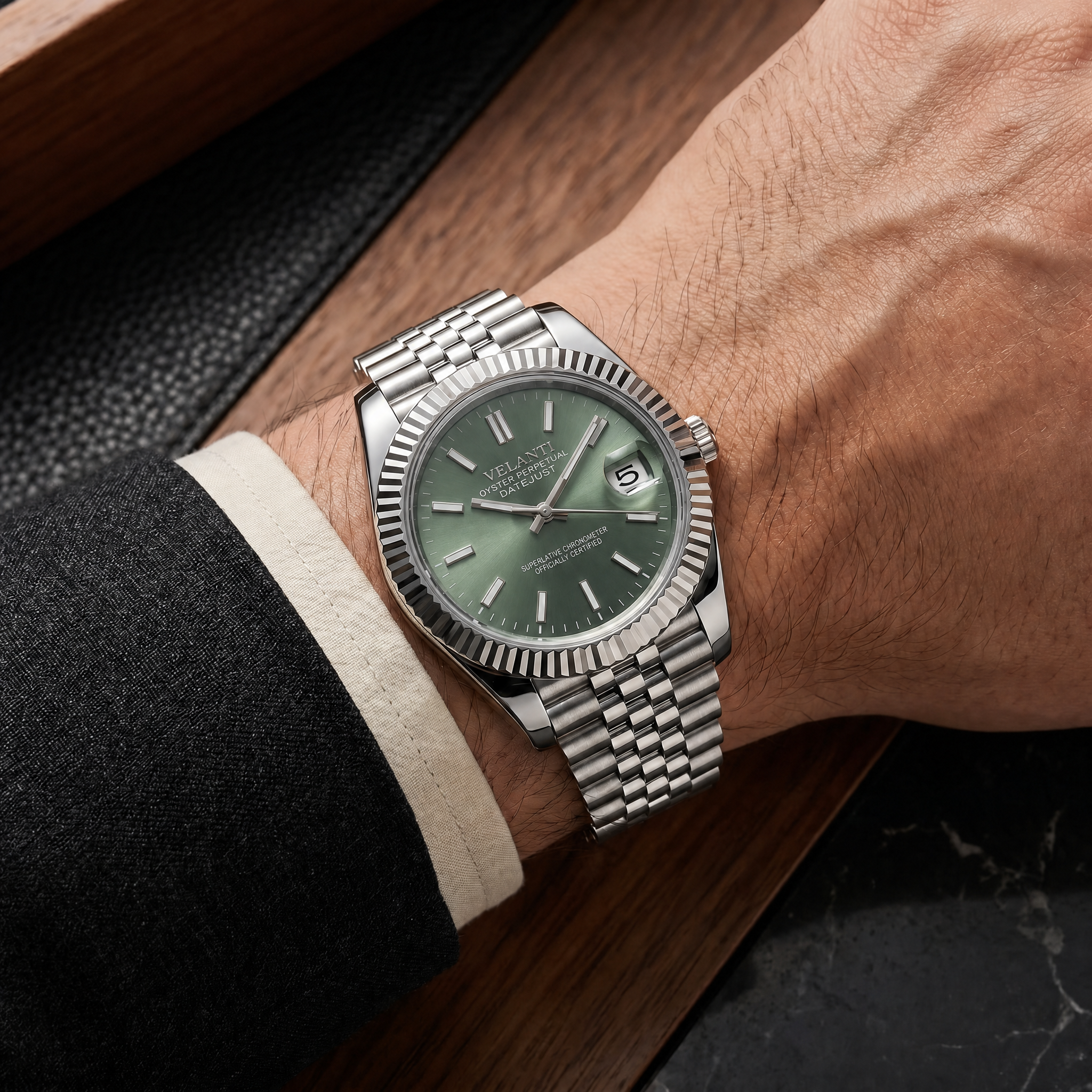 Datejust-style automatic watch, Velanti Milano Veljust Mint Green worn on wrist photo 12