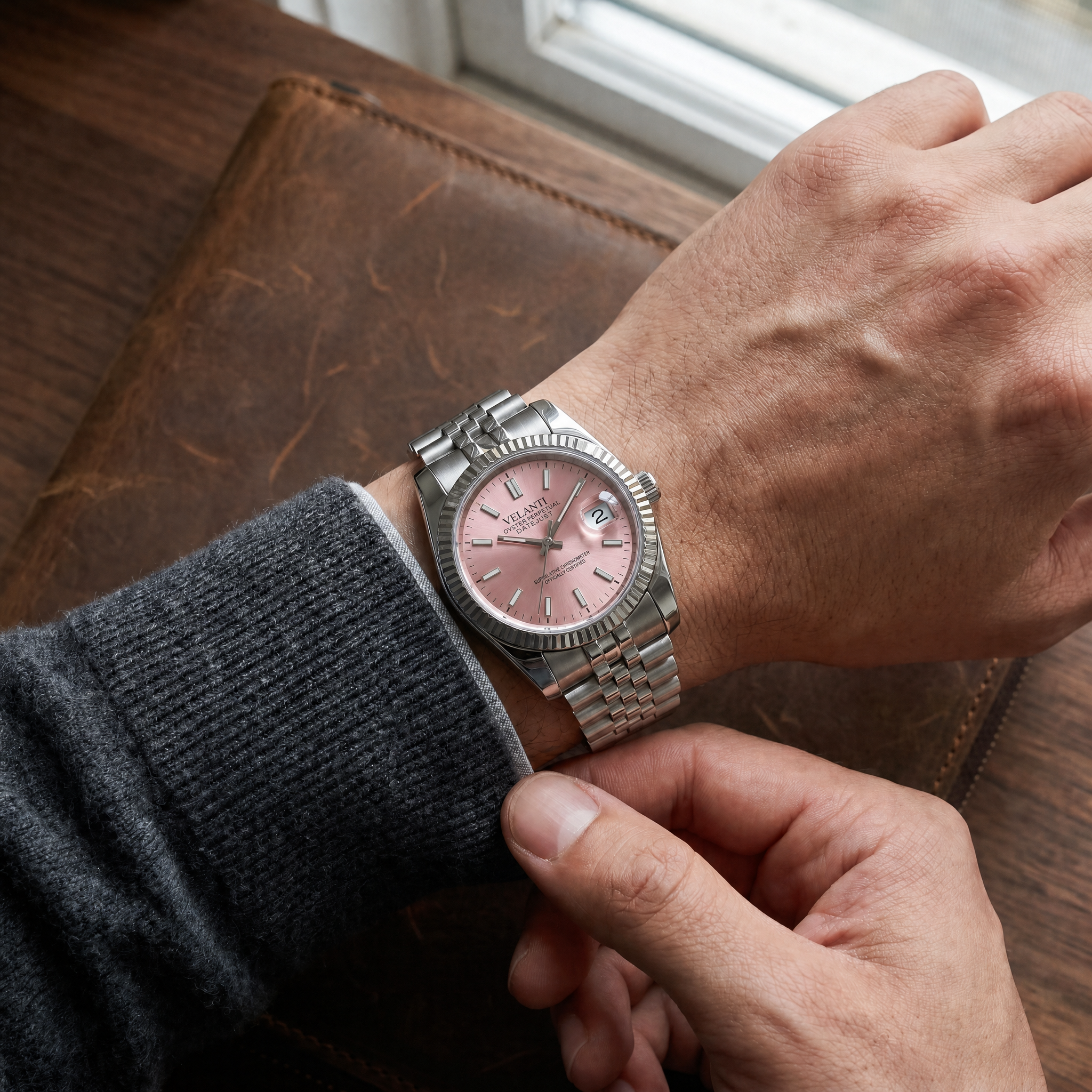 Datejust-style automatic watch, Velanti Milano Veljust Pink worn on wrist photo 5