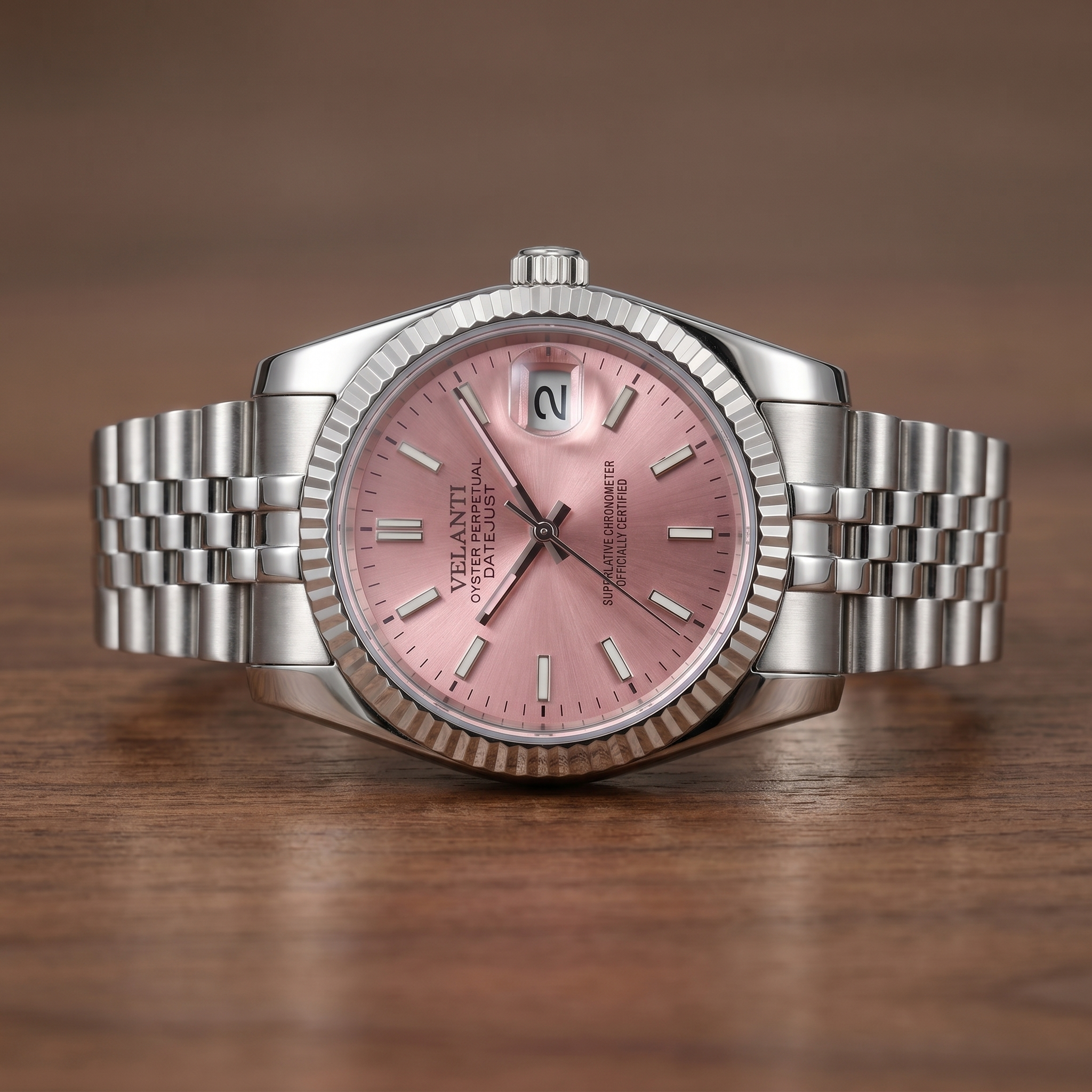 Datejust-style automatic watch, Velanti Milano Veljust Pink, watch detail photo