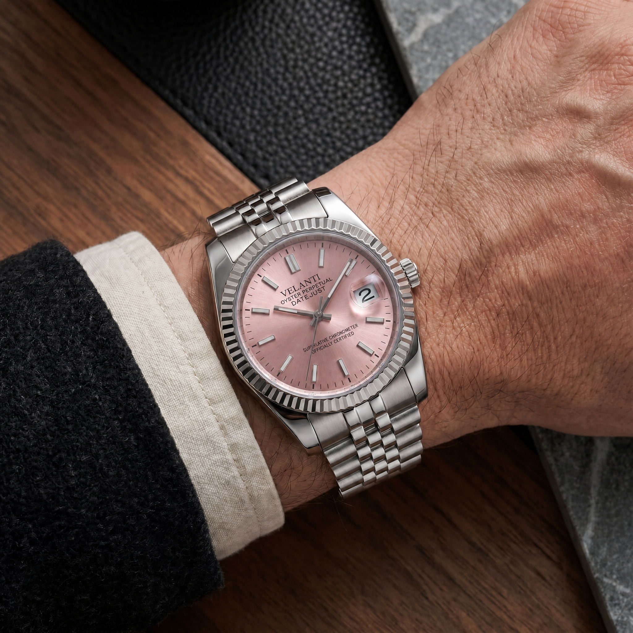 Datejust-style automatic watch, Velanti Milano Veljust Pink worn on wrist photo 7