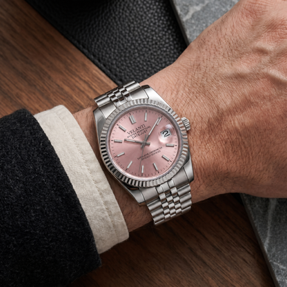 Datejust-style automatic watch, Velanti Milano Veljust Pink, on-wrist photo