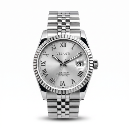 Datejust-style automatic watch, Velanti Milano Veljust Roman Silver, main product photo
