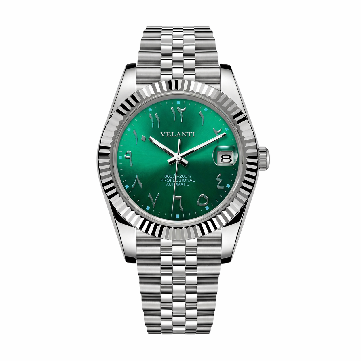 Datejust-style automatic watch, Velanti Milano Veljust Royal Green Arabic, main product photo