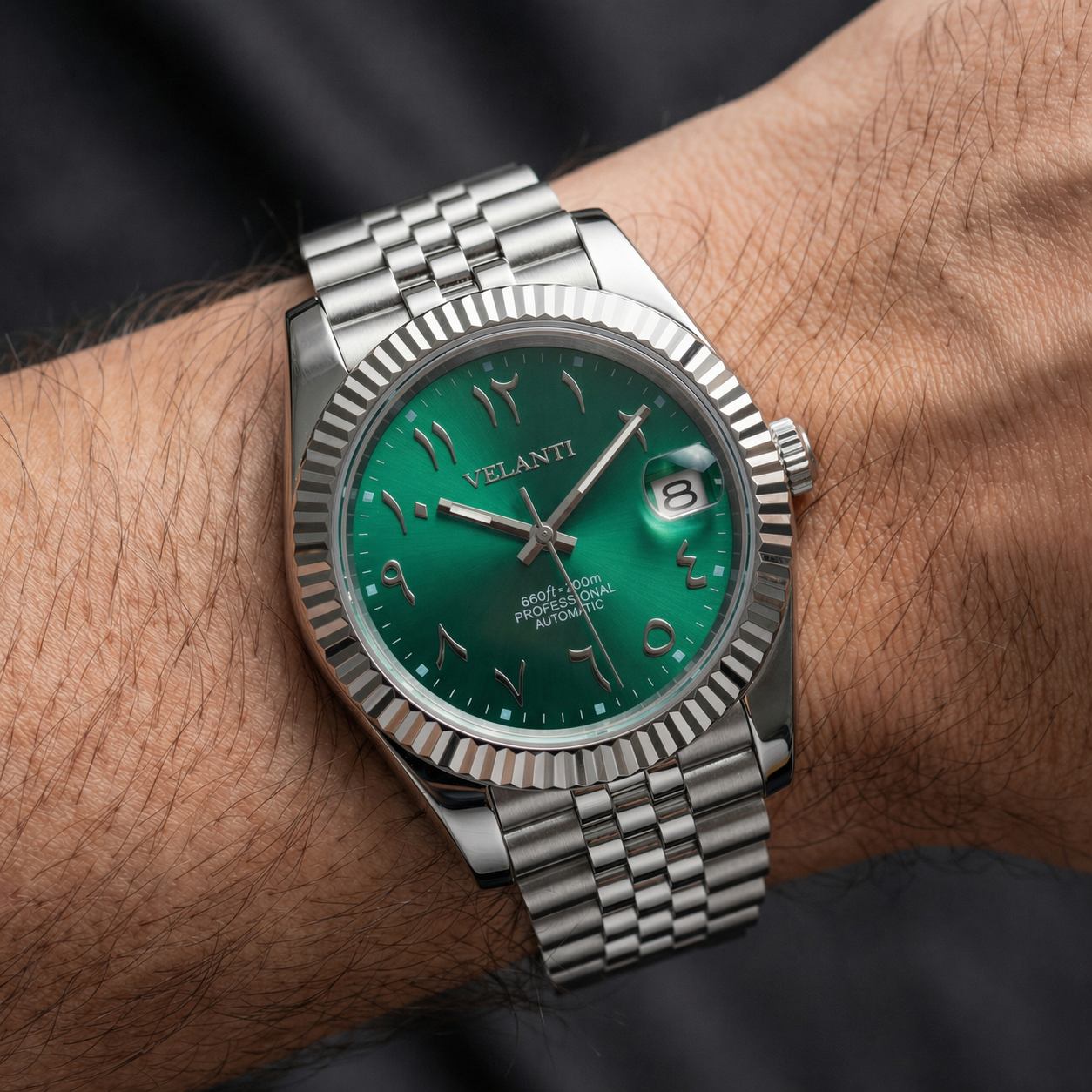 Datejust-style automatic watch, Velanti Milano Veljust Royal Green Arabic, product photo 2