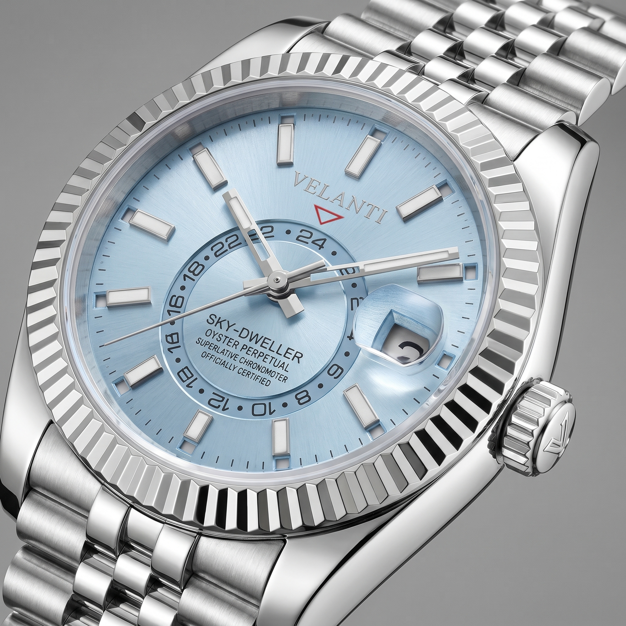 Datejust-style automatic watch, Velanti Milano Veljust Sky Dweller Ice Blue, watch detail photo