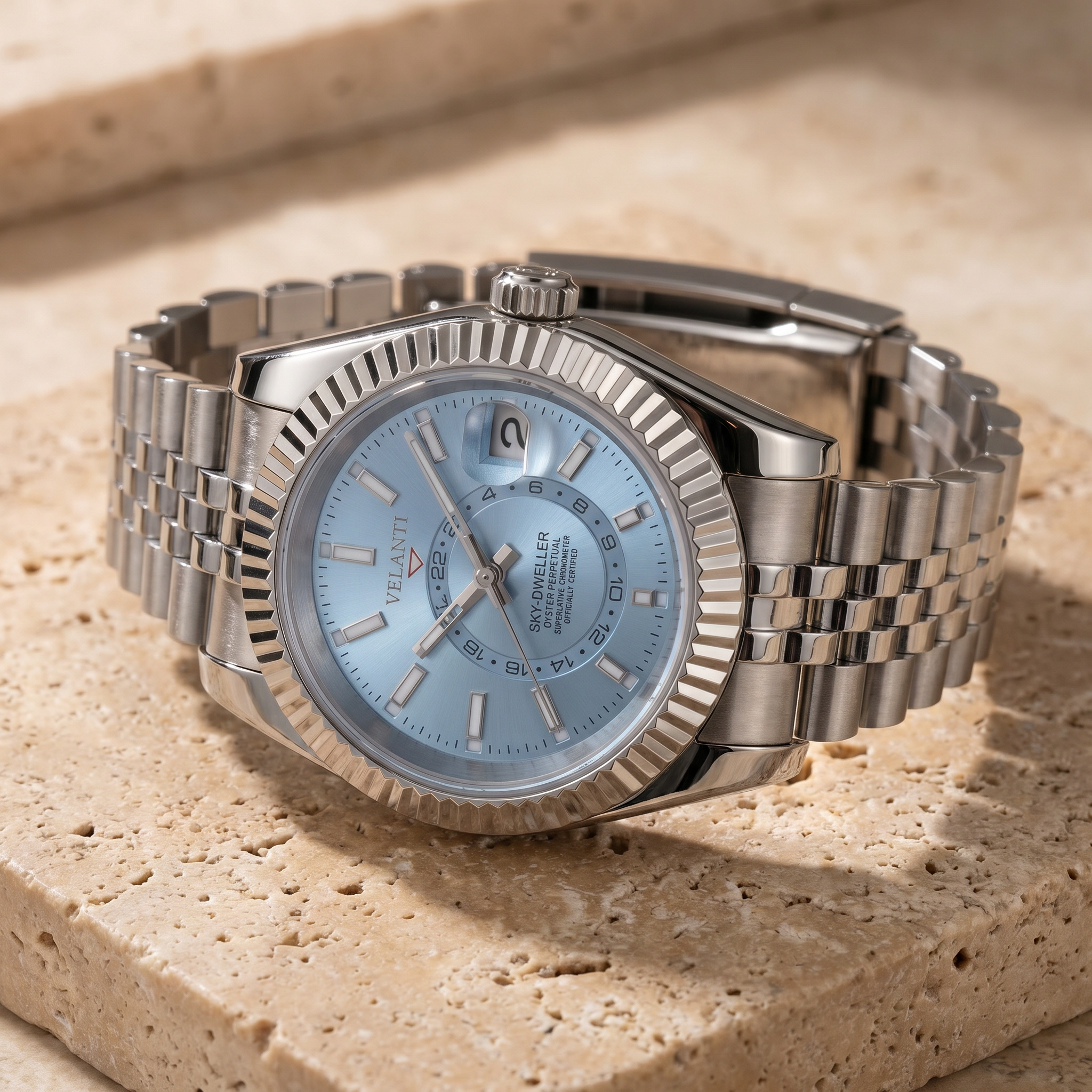 Datejust-style automatic watch, Velanti Milano Veljust Sky Dweller Ice Blue, product photo 3