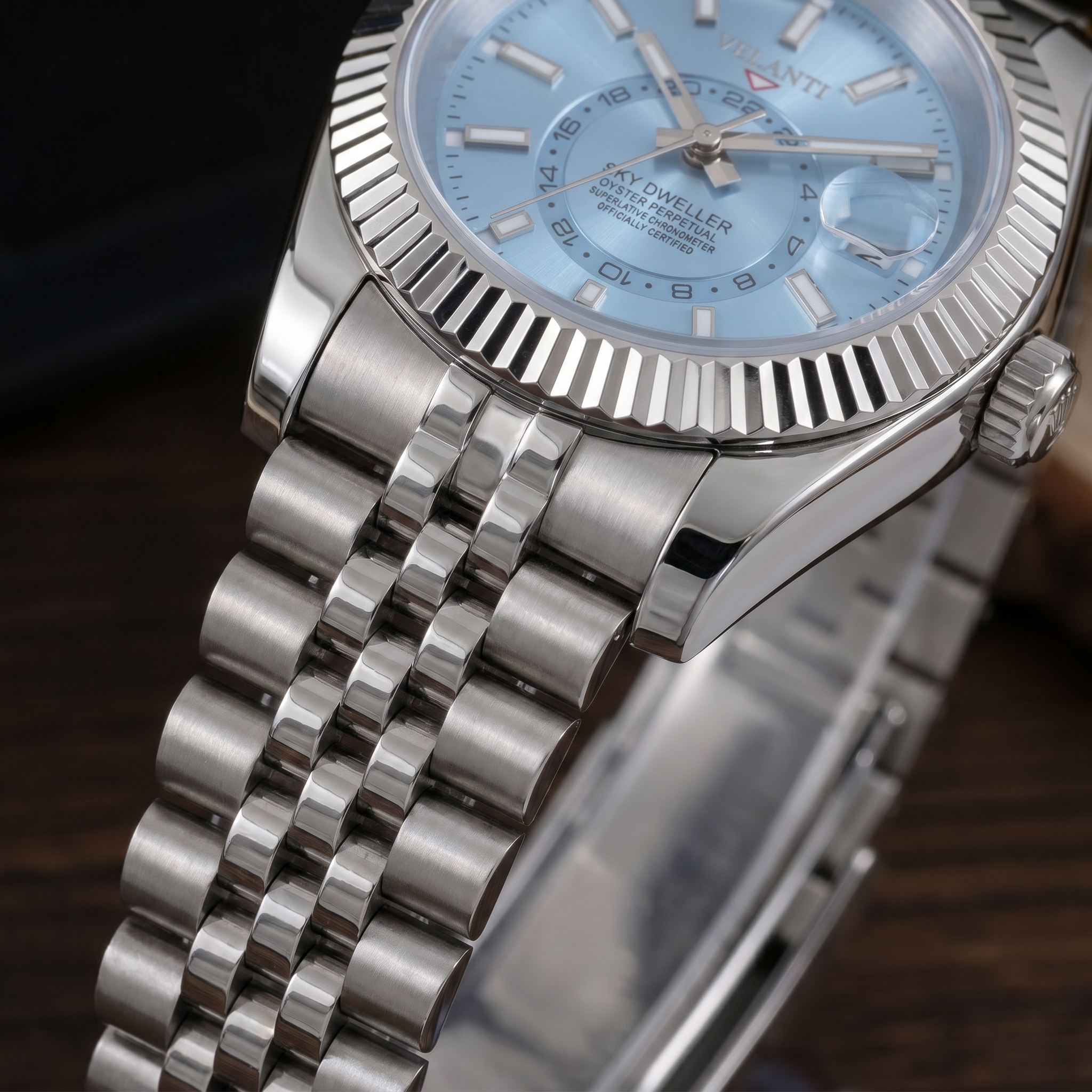 Datejust-style automatic watch, Velanti Milano Veljust Sky Dweller Ice Blue, product photo 4