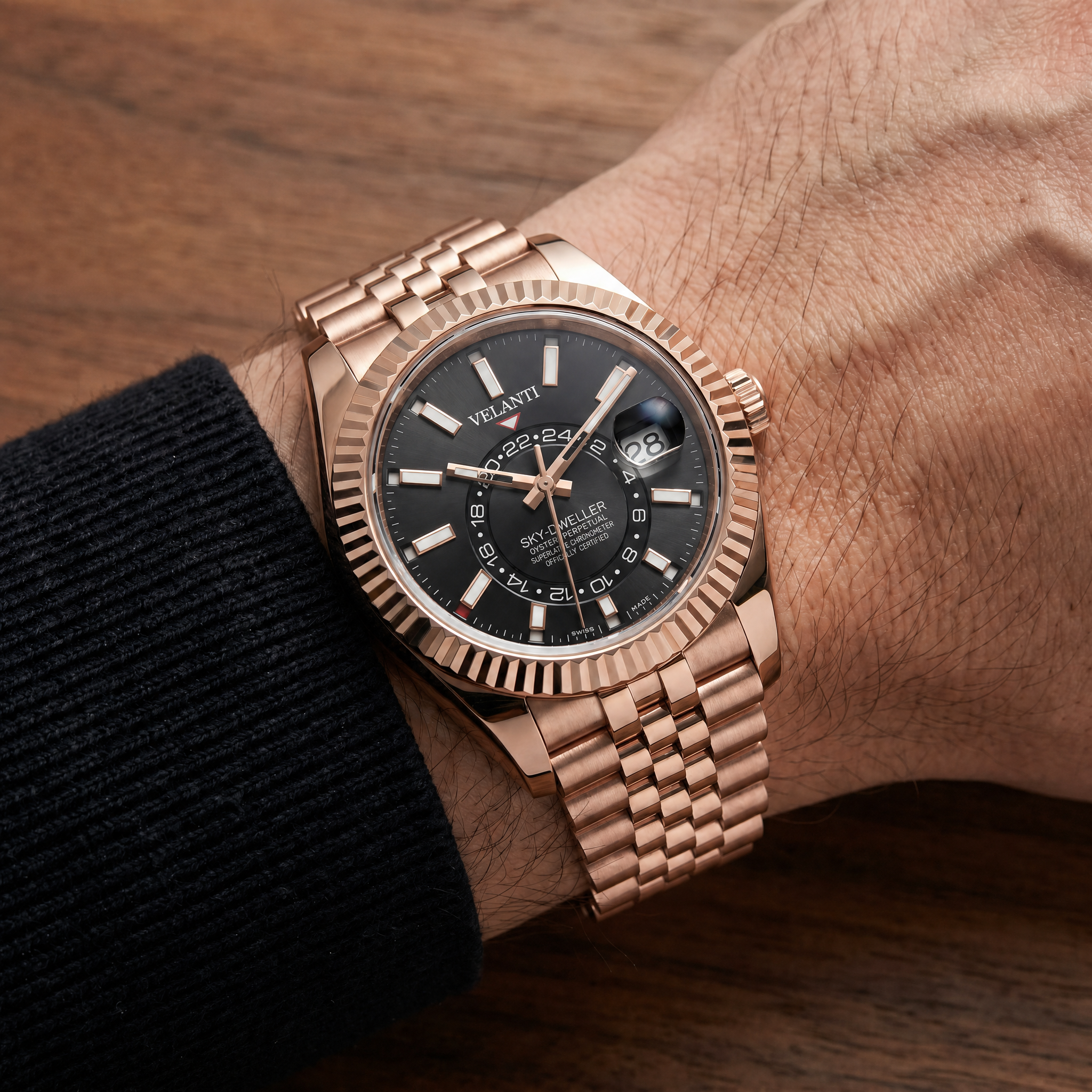Datejust-style automatic watch, Velanti Milano Veljust Sky Dweller Rose Gold worn on wrist