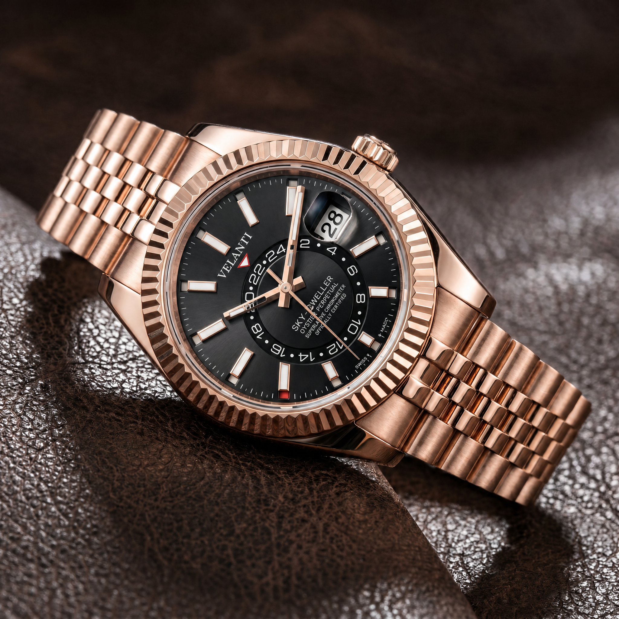 Datejust-style automatic watch, Velanti Milano Veljust Sky Dweller Rose Gold, bracelet detail photo