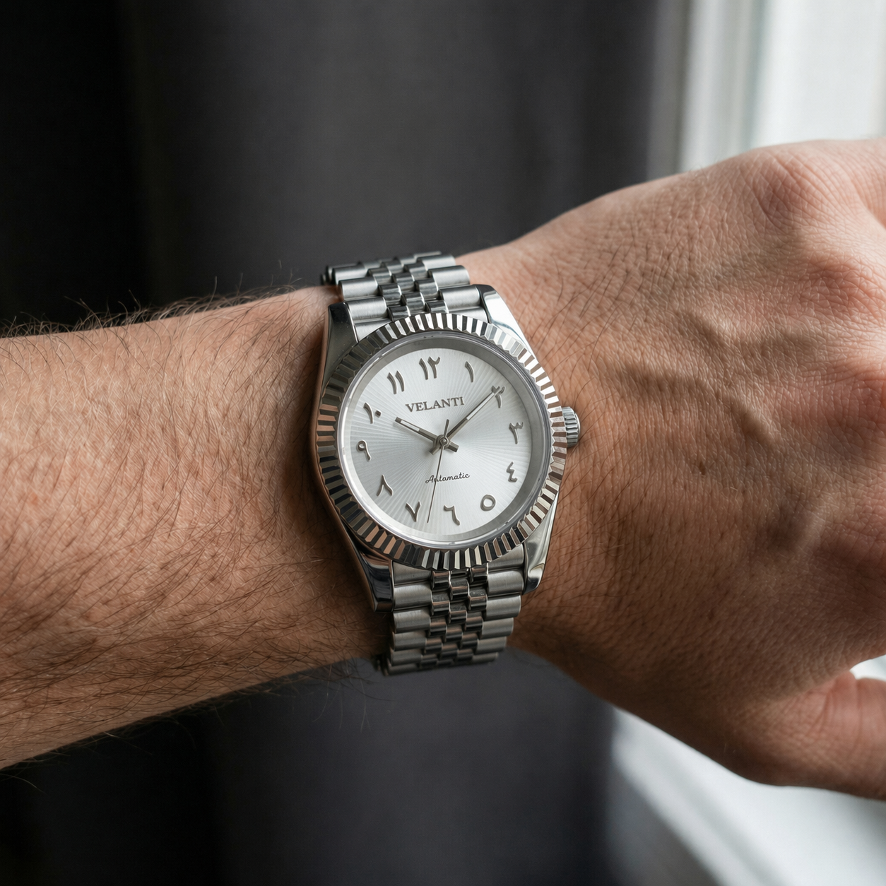 Datejust-style automatic watch, Velanti Milano Veljust White Arabic Textured, product photo 3