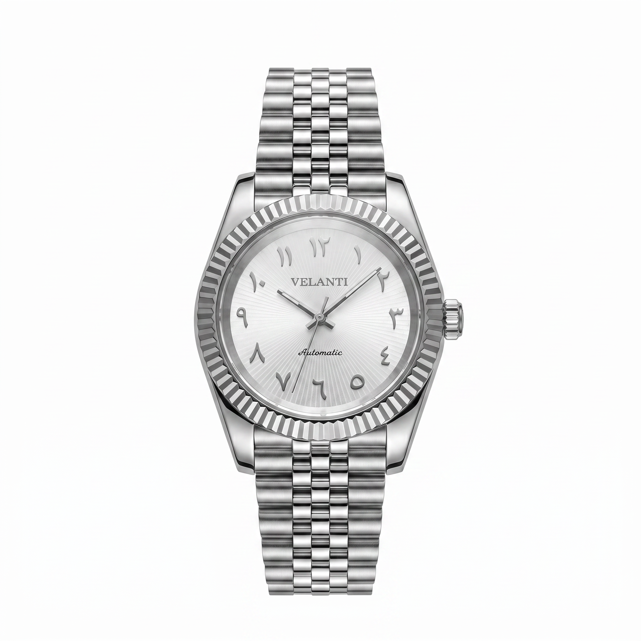 Datejust-style automatic watch, Velanti Milano Veljust White Arabic Textured, main product photo