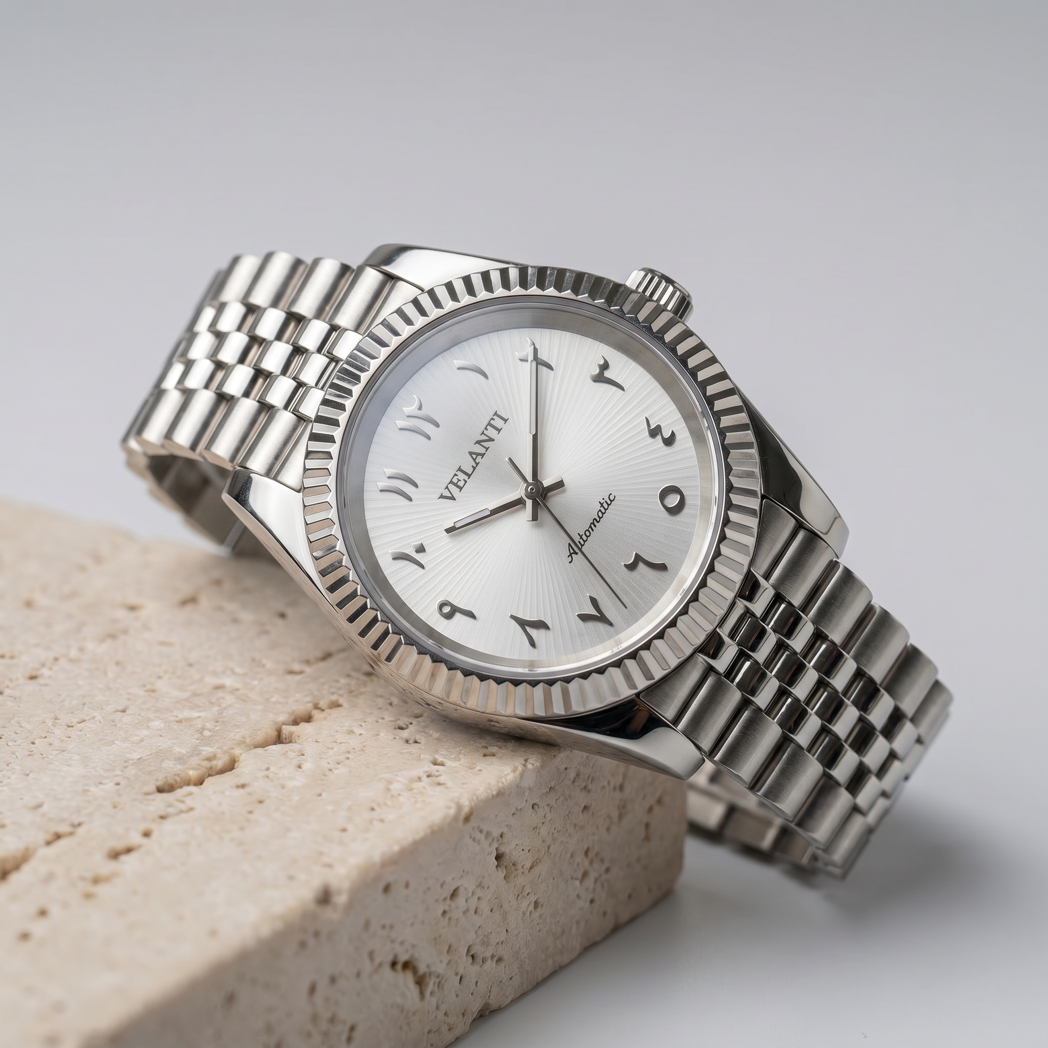 Datejust-style automatic watch, Velanti Milano Veljust White Arabic Textured, product photo 2