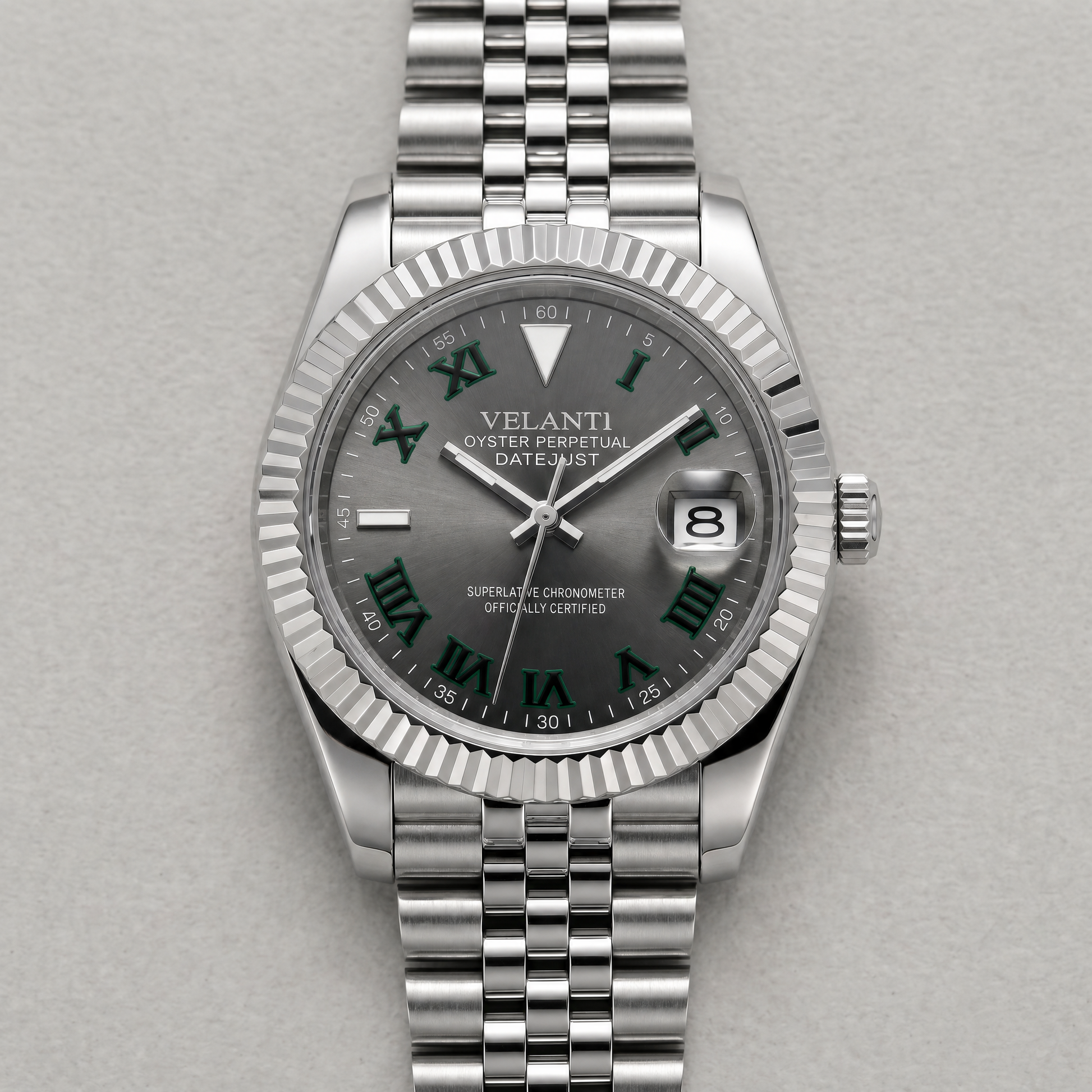 Datejust-style custom automatic watch, Velanti Milano Veljust Wimbledon, watch detail photo 8