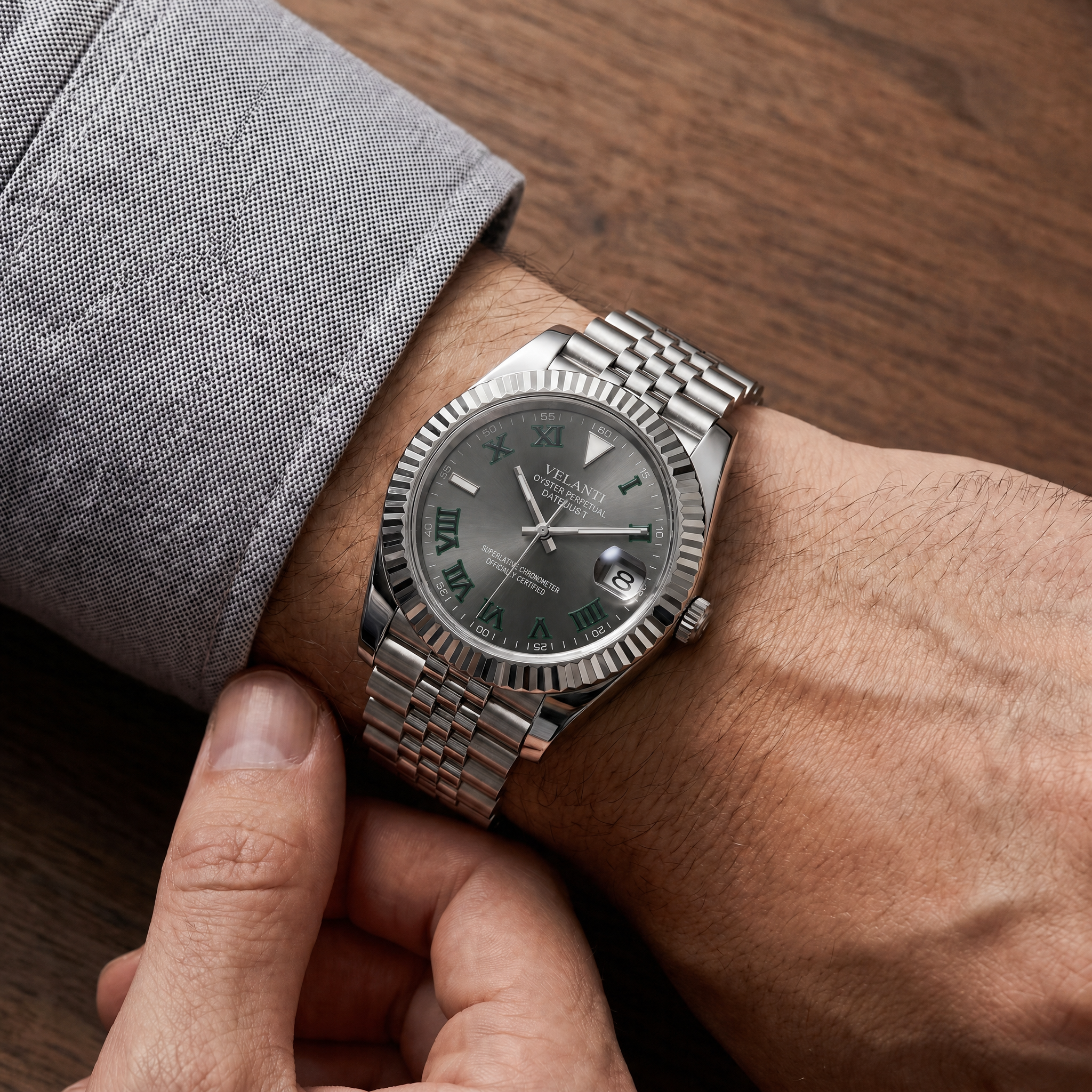 Datejust-style automatic watch, Velanti Milano Veljust Wimbledon worn on wrist photo 9