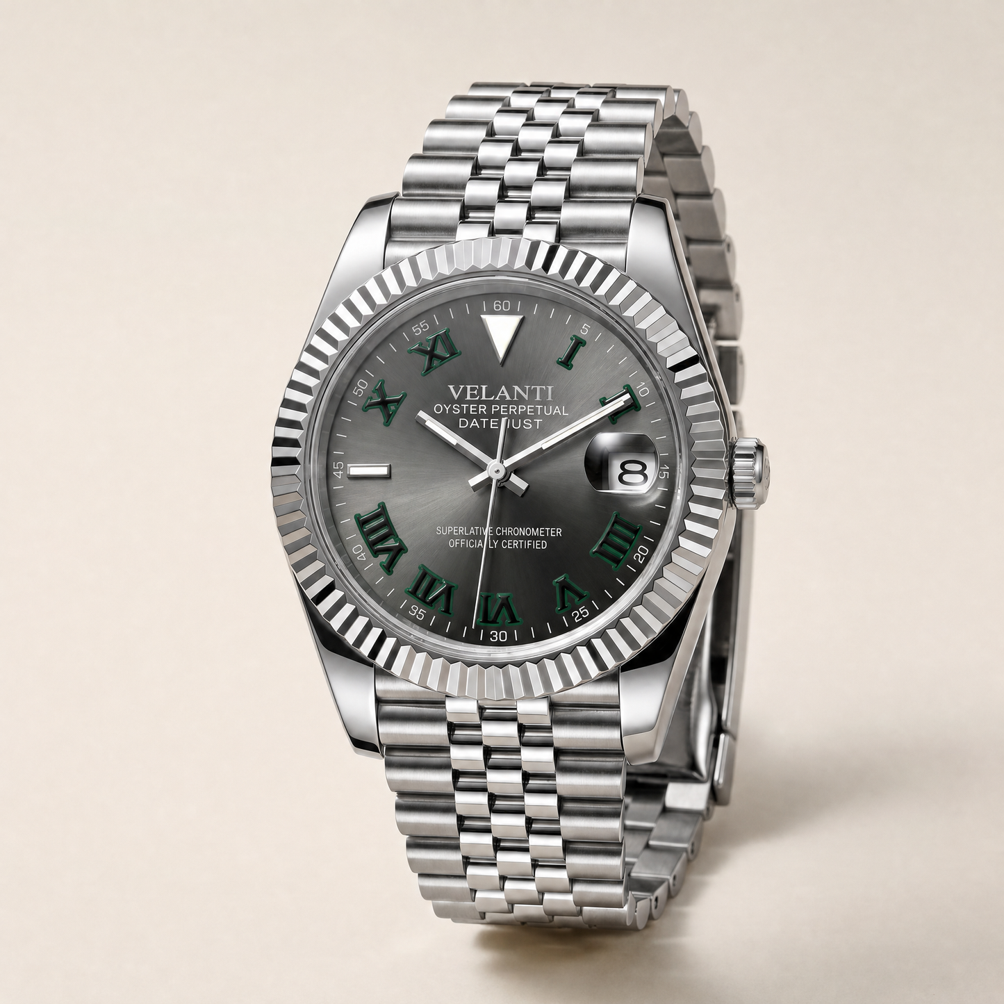 Datejust-style custom automatic watch, Velanti Milano Veljust Wimbledon, watch detail photo 10